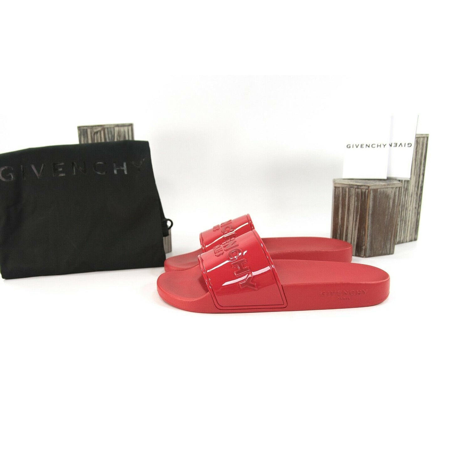 Givenchy Red Patent Debossed Logo Leather Rubber Pool Slides 38 NIB
