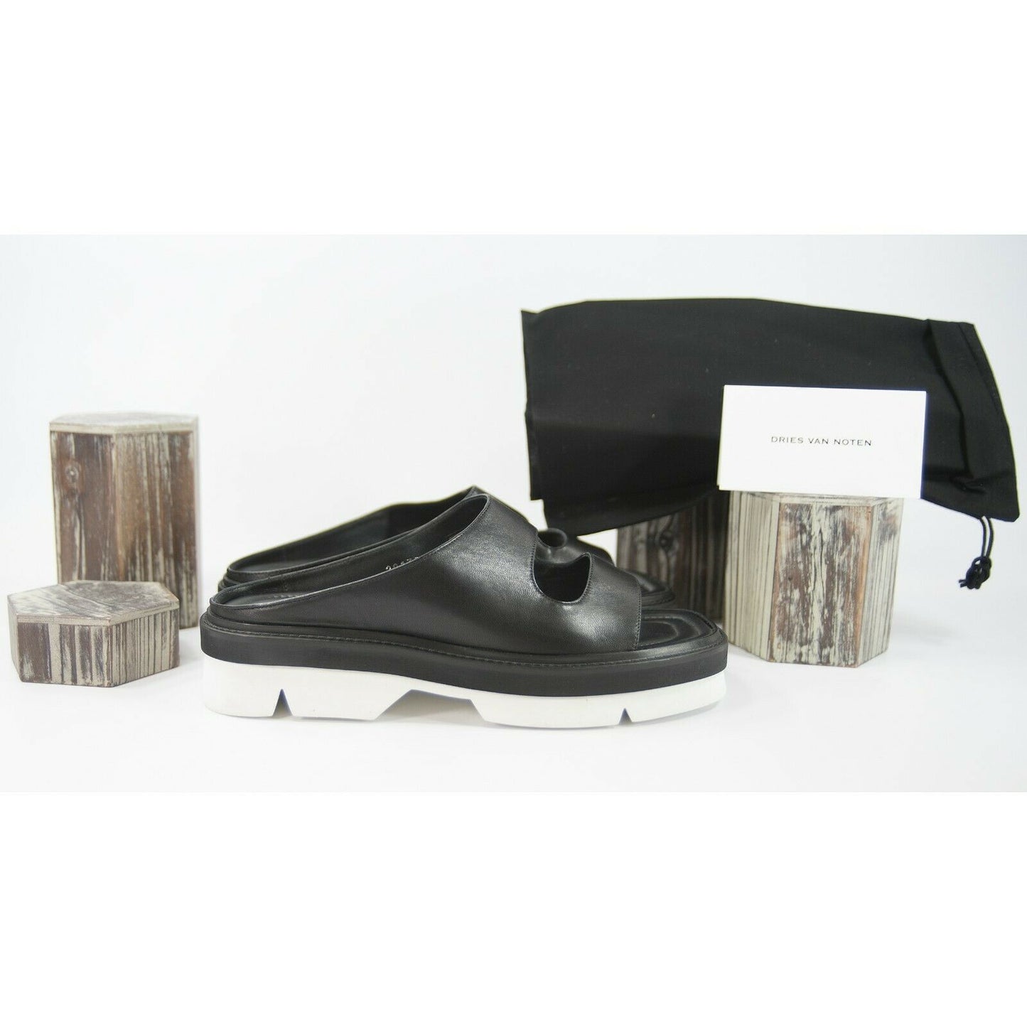 Dries Van Norten Black Calf Leather Cut Out Lug Sole Sandals Size 39.5 9.5 NIB