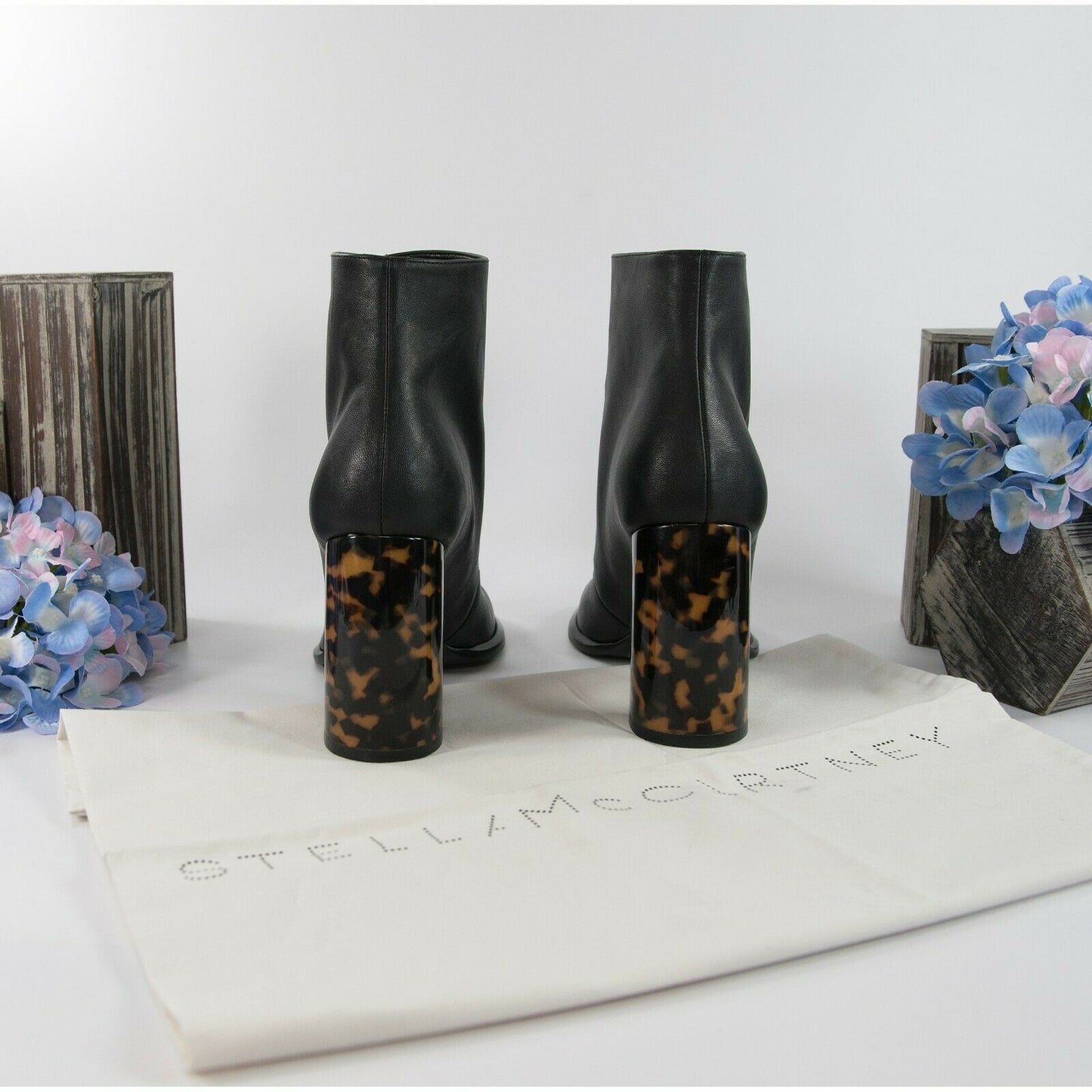Stella McCartney Black Faux Leather Vegan Posie Bootie Tortoise Heels 37.5 NIB