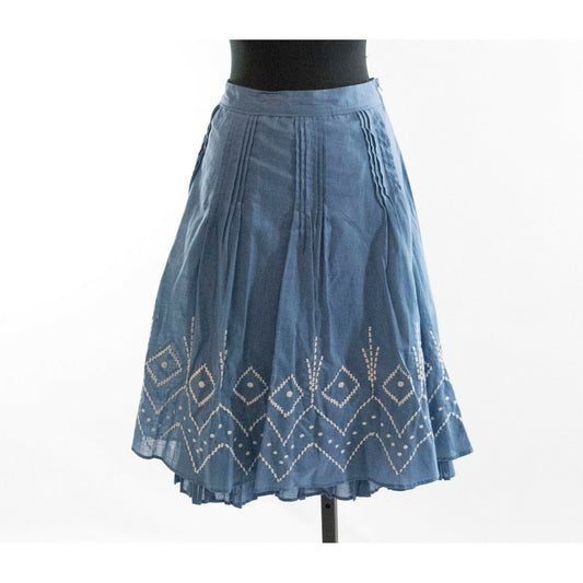 H&M Blue White Embroidered Pintuck A Line Lined Cotton Skirt 10 EUC