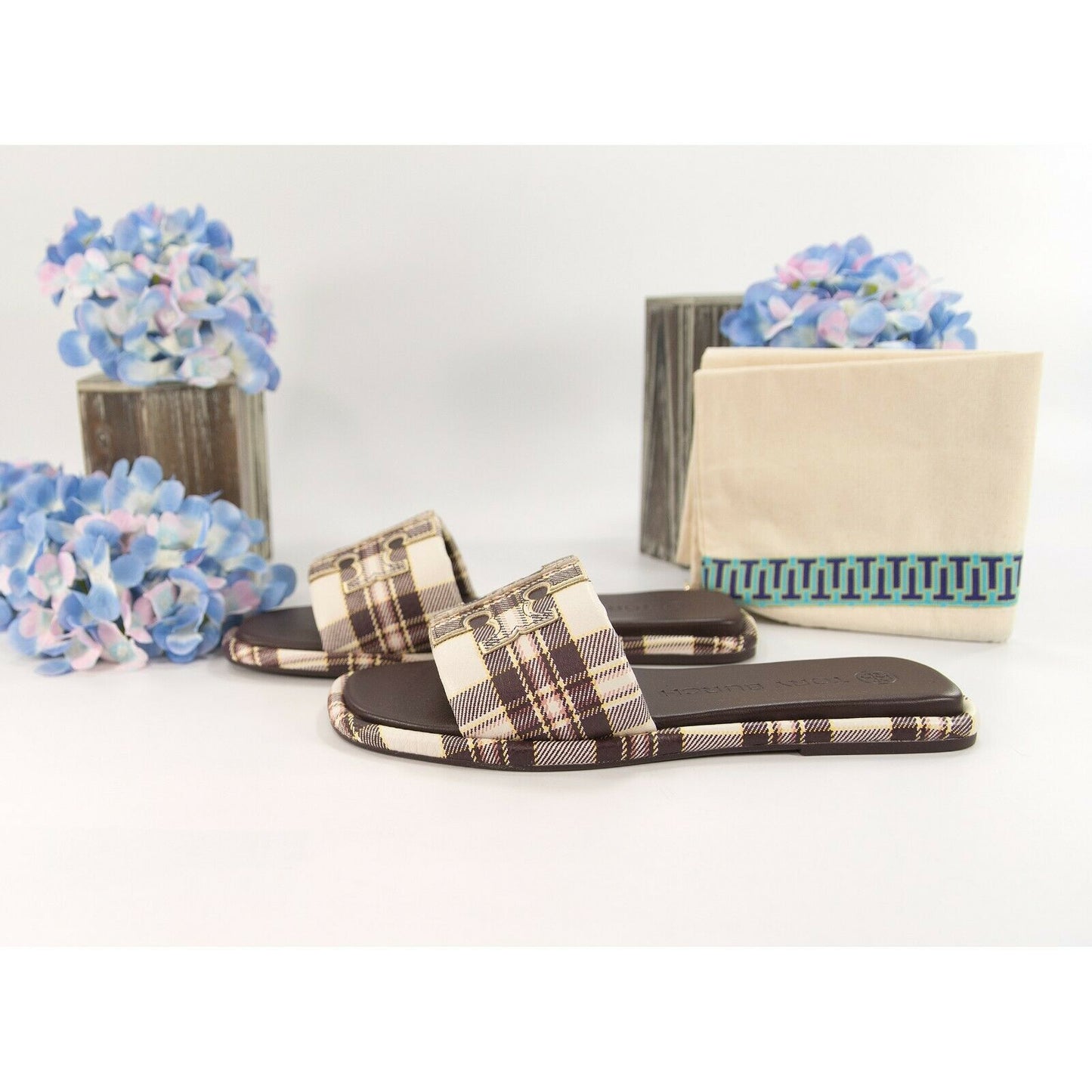 Tory Burch Cream Black Yellow Plaid Leather Double T Padded Sport Slide Sz 7 NIB