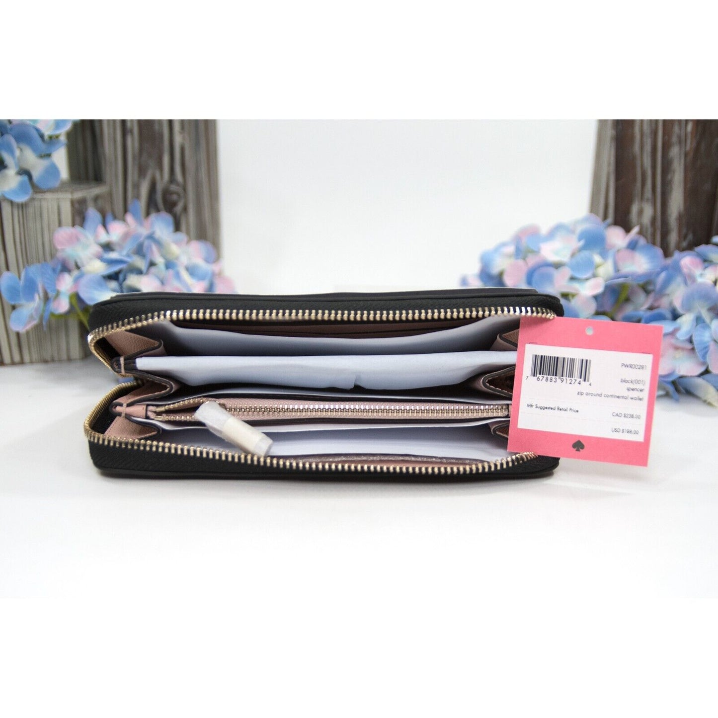 Kate Spade Spencer Black Leather Zip Around Large Continetal Lacey Wallet NWT