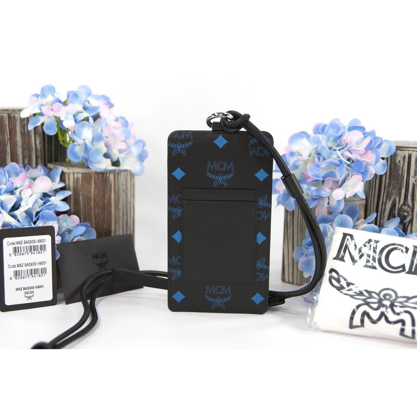 MCM Black Vallarta Blue Splash Logo Monogram Phone Crossbody Bag NWT