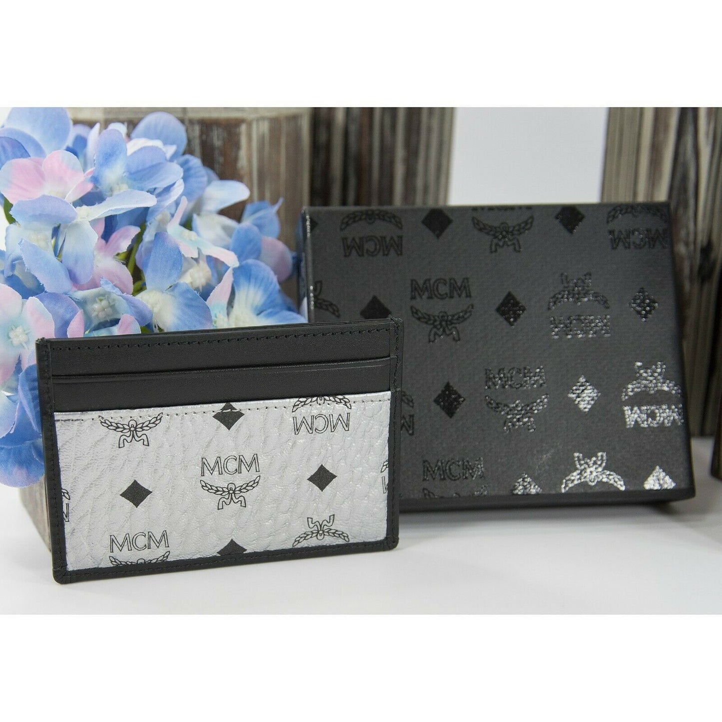 MCM Monogram Spot Viseto Black Silver Leather Card Case Holder NWT