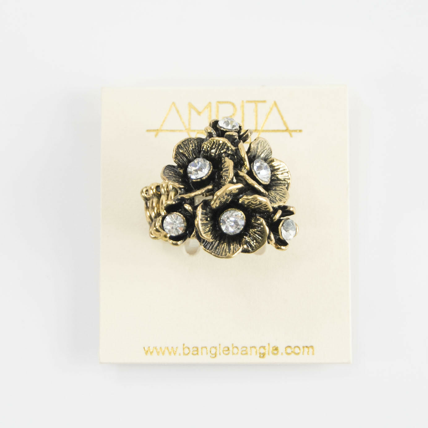 Amrita Singh Antique Gold Crystal Eliza Floral Stretch Cocktail Ring RC 478 NWT