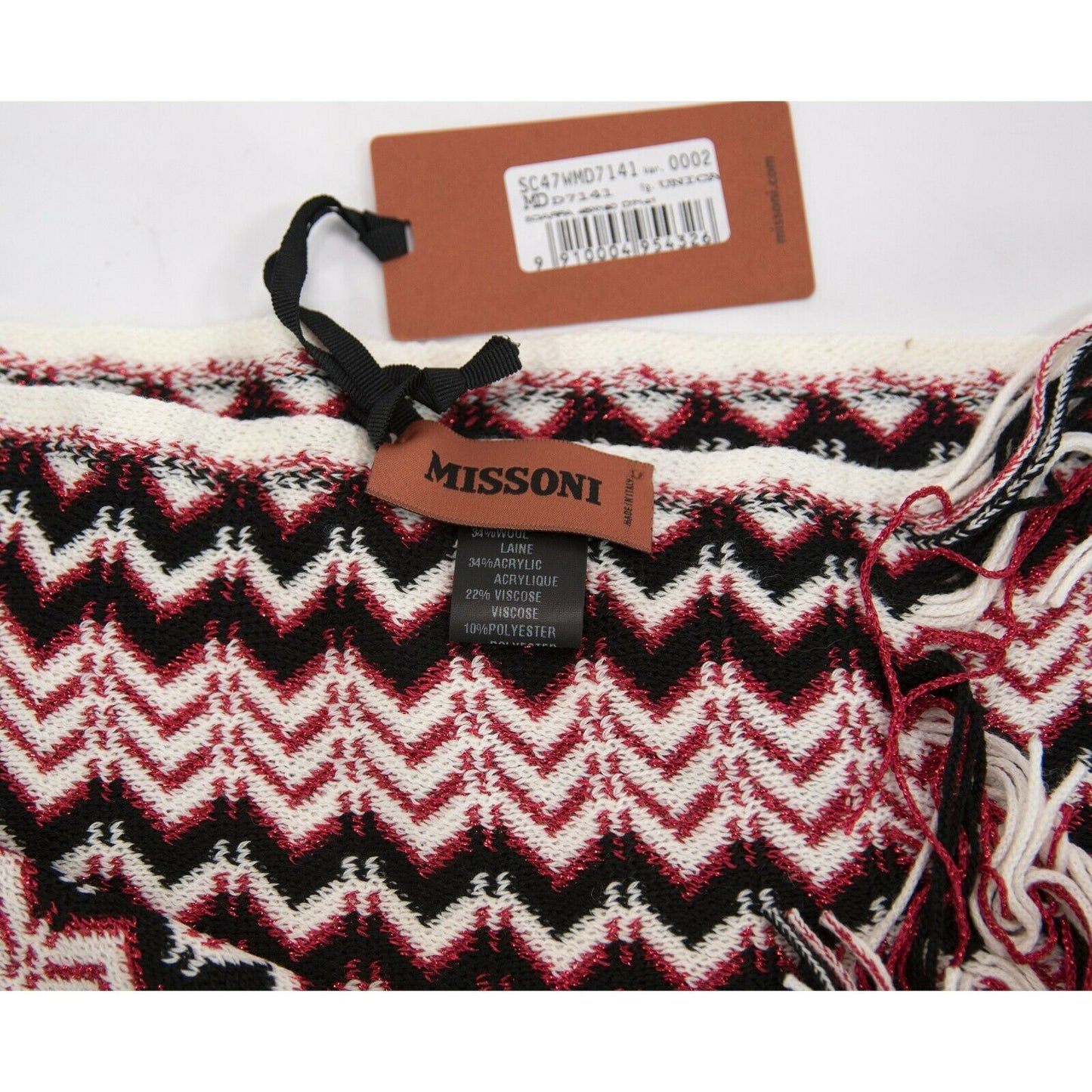 Missoni Metallic Red Black Wool Blend Zig Zag Orange Label Fringe Scarf NWT
