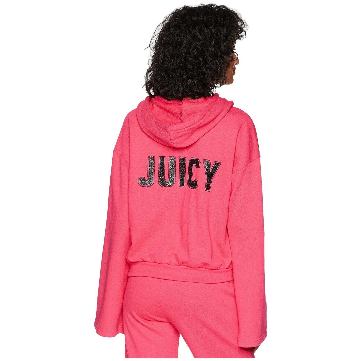 Juicy Couture Raspberry Sorbet Glitter French Terry Pullover Wide Sleeve Hoodie