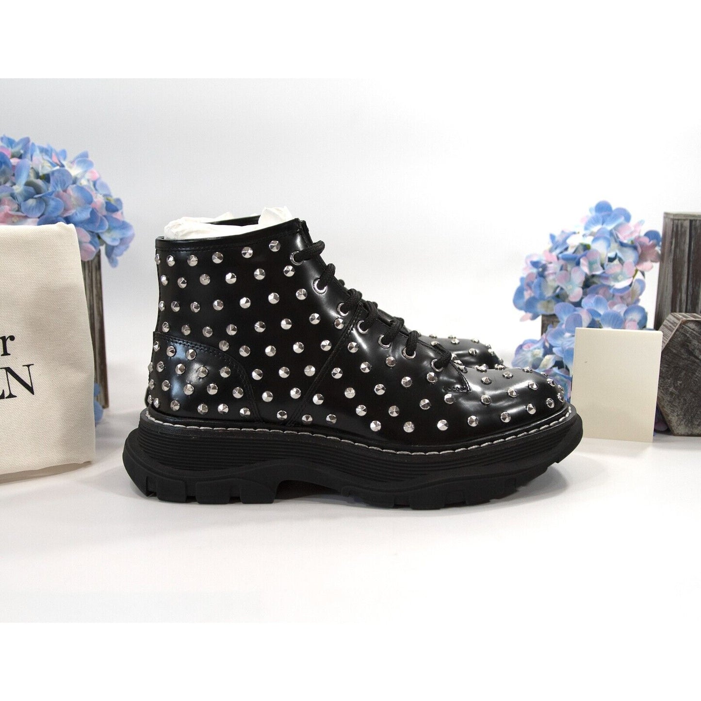 Alexander McQueen Tread Slick Studded Black Leather Lug Sole Boots 37 NIB