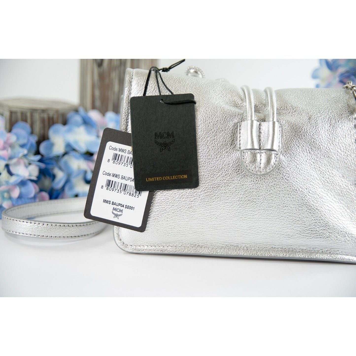MCM Silver Leather Run Candy Small Crystal Flower Small Flap Shoulder Bag NWT