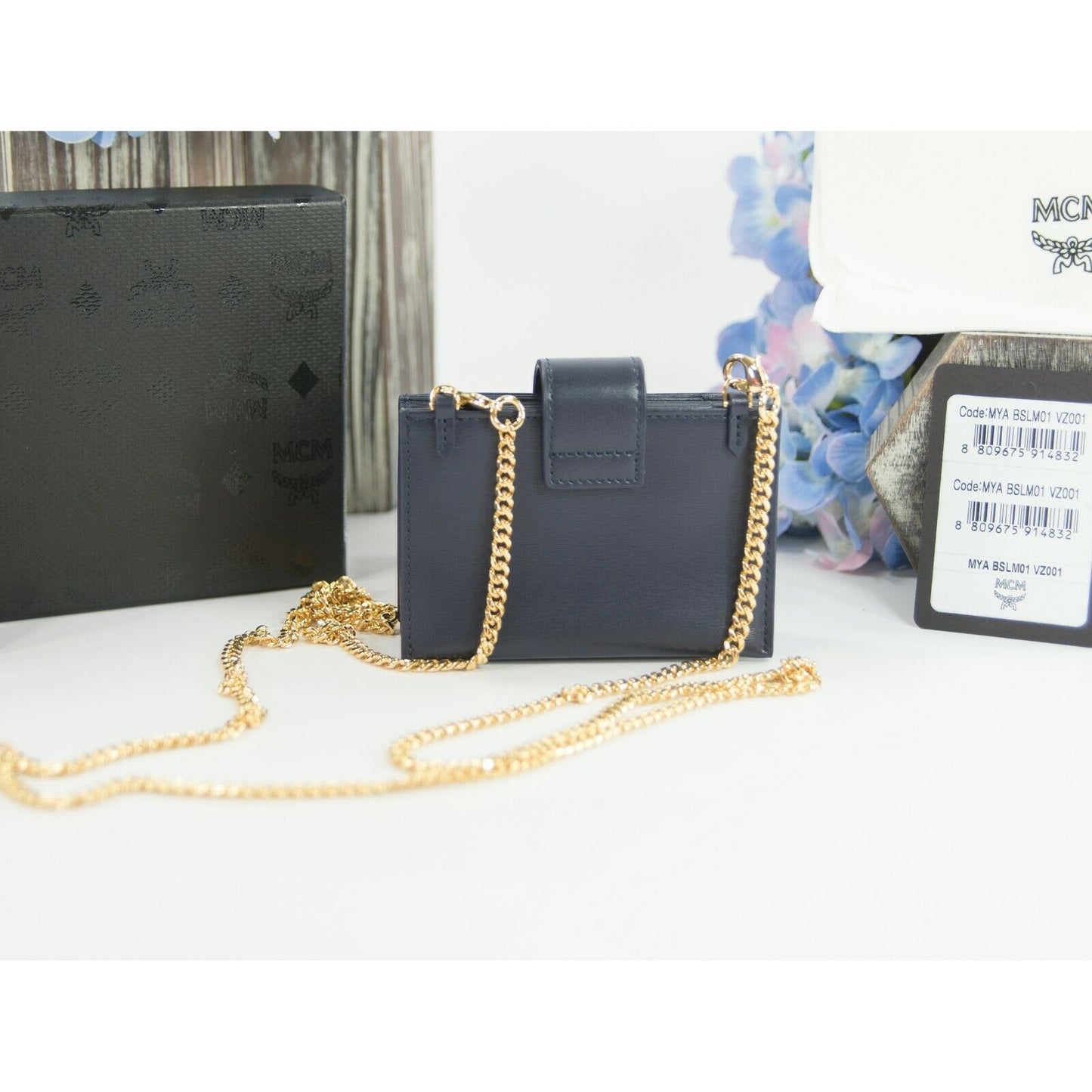 MCM Maritime Blue Leather Mena Crossbody Chain Card Case Accordion Wallet NWT