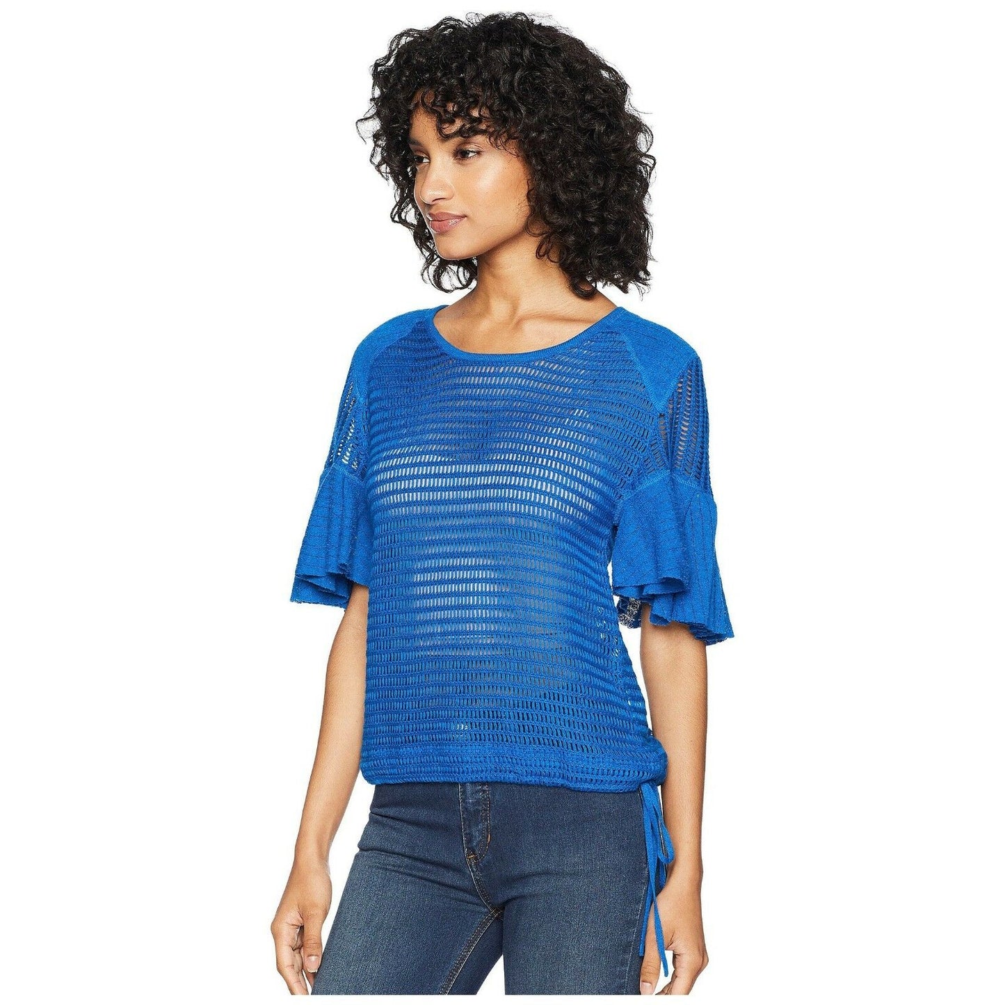 Free People F Babes Only Lasting Laguna Blue Flutter Sleeve Open Knit Top XS NWT