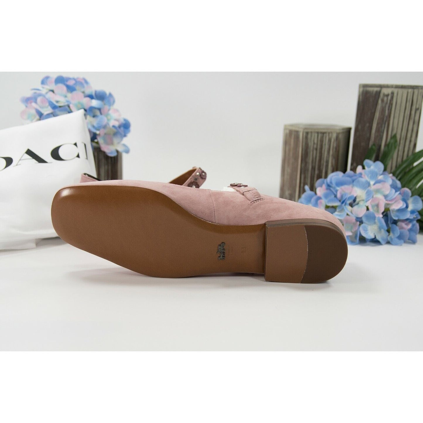 Coach Dusty Rose Flower Stud Suede Leather Mary Jane Flat Size 9.5 NIB