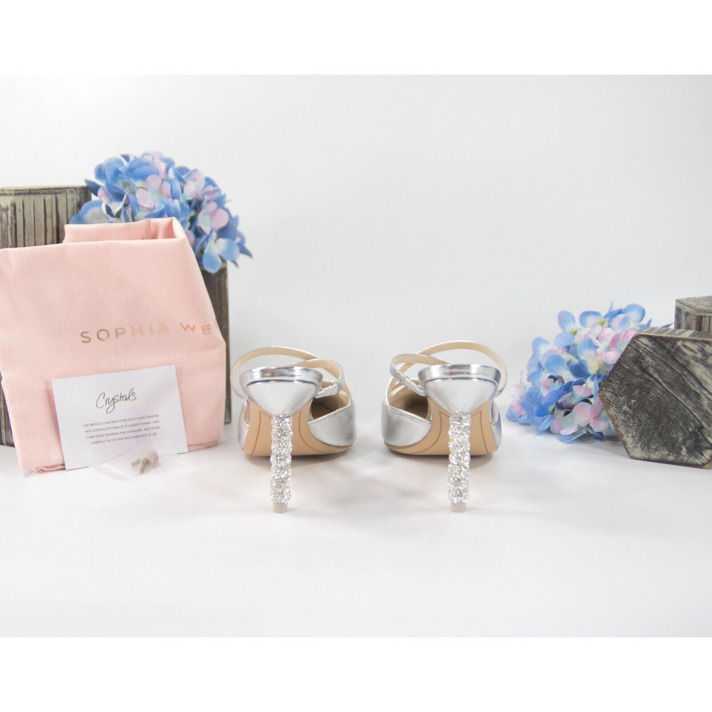 Sophia Webster Coco Silver Metallic Leather Crystal Slides Heels Sz 36.5 NIB