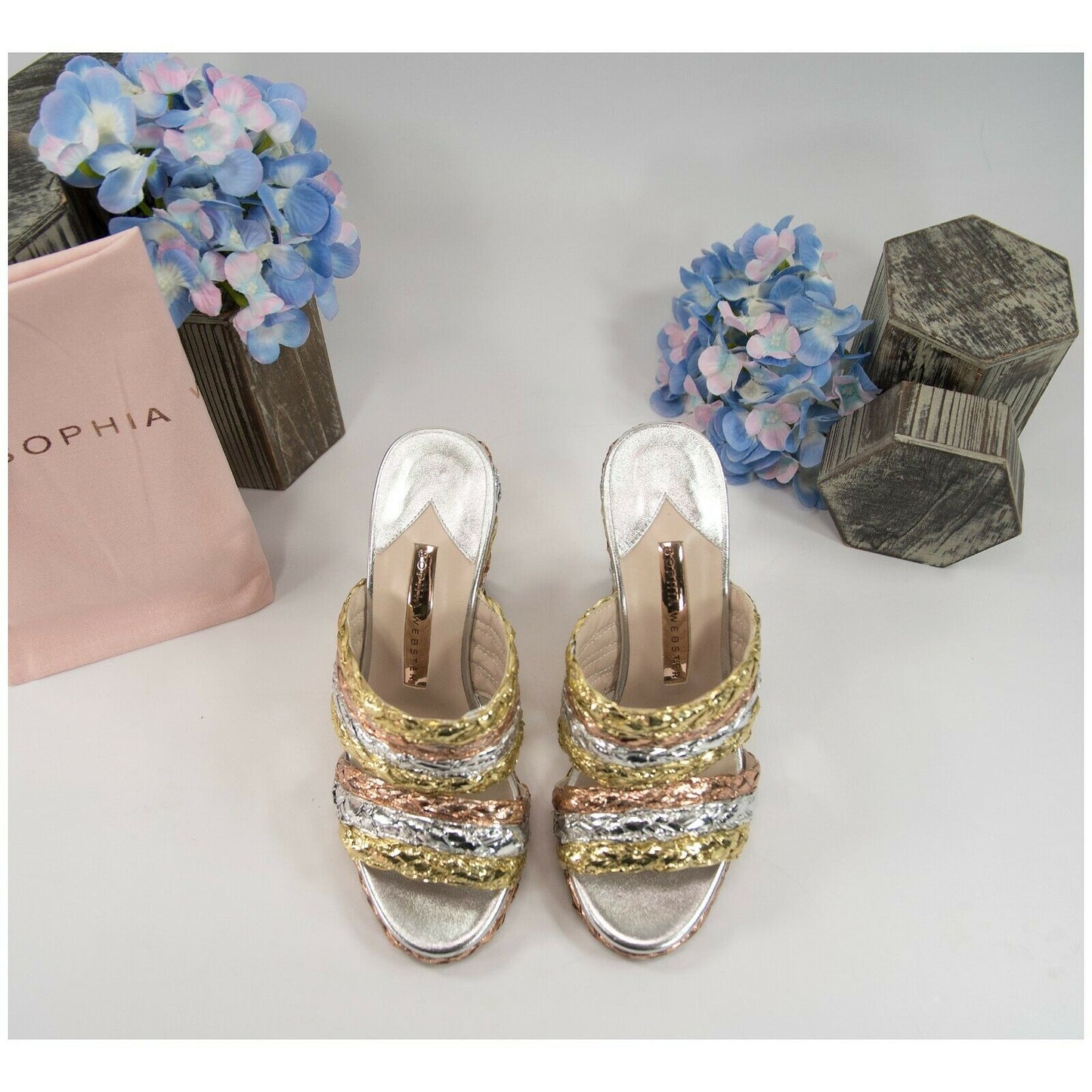 Sophia Webster Metallic Leather Ines Raffia Espadrille Wedge Heels Size 36.5 NIB