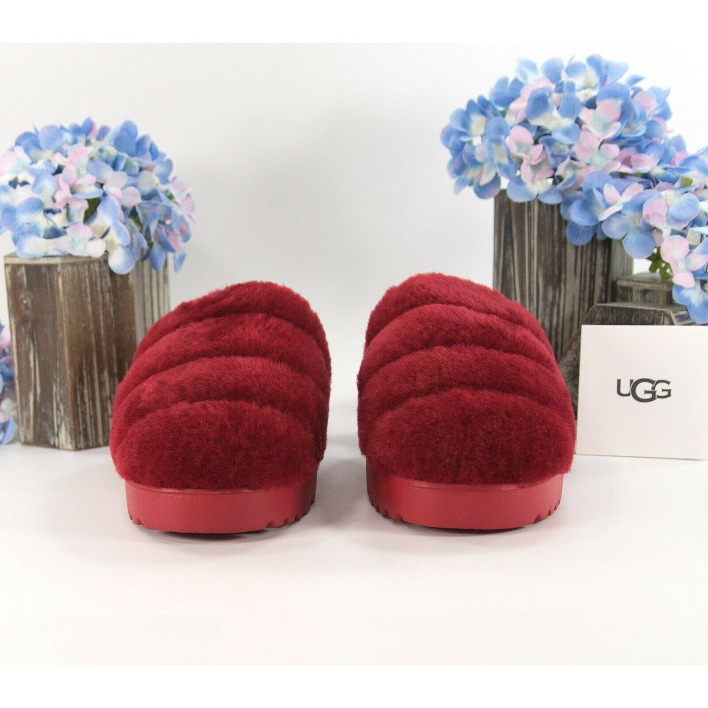 UGG Fluff Oh Yea Robe Red Sheepskin Fur Slippers Slides Sandals Size 6 NIB