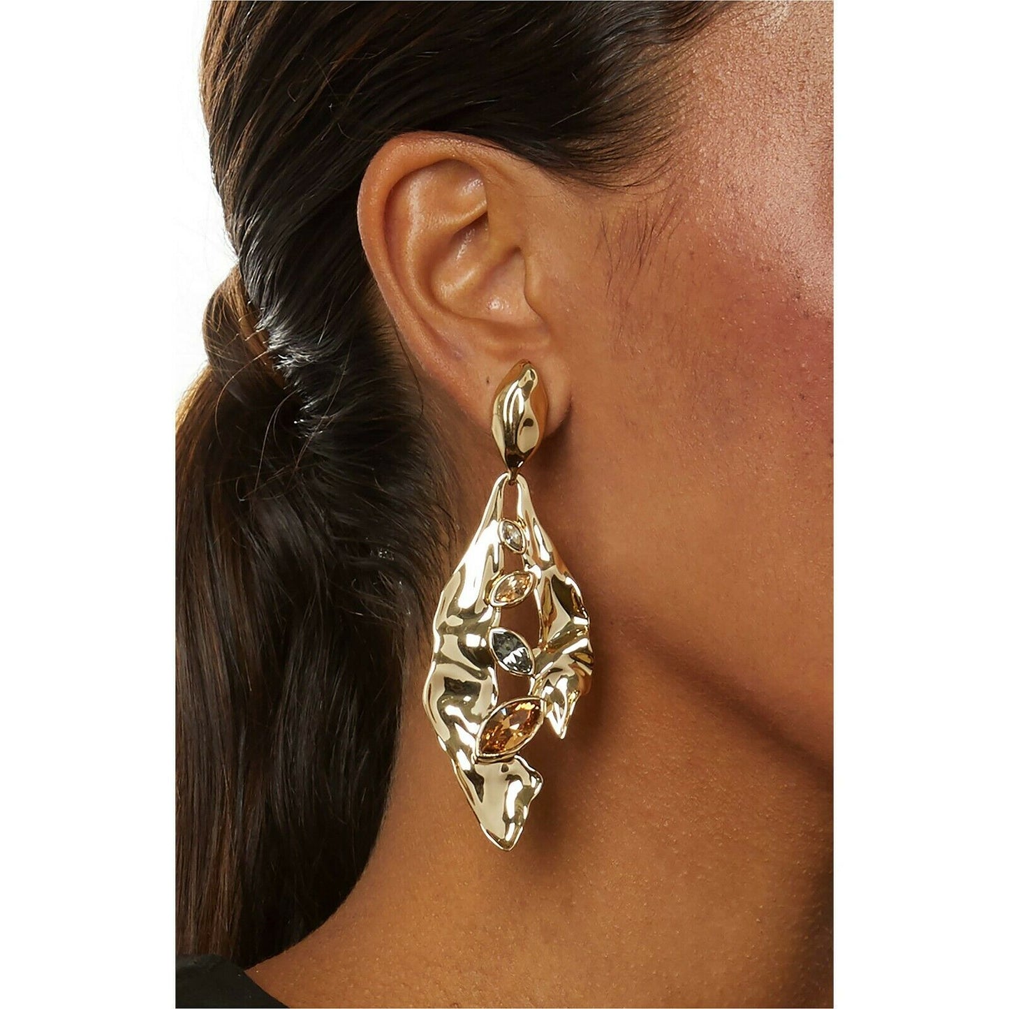 Alexis Bittar Stone Studded Crumpled Metal 14k Gold Plated Navette Earrings NWT