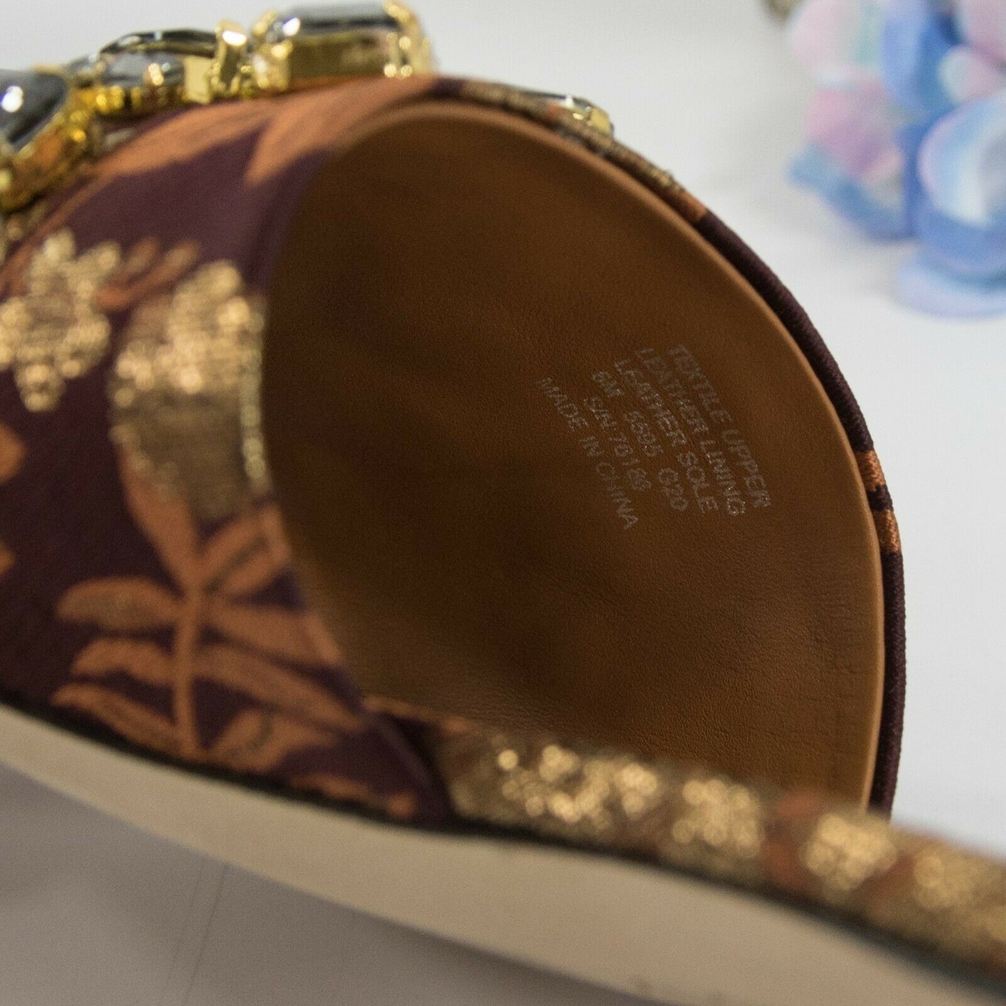 Tory Burch Martine Burgundy Gold Floral Jacquard Jeweled Flats Slides Sz 6 NIB