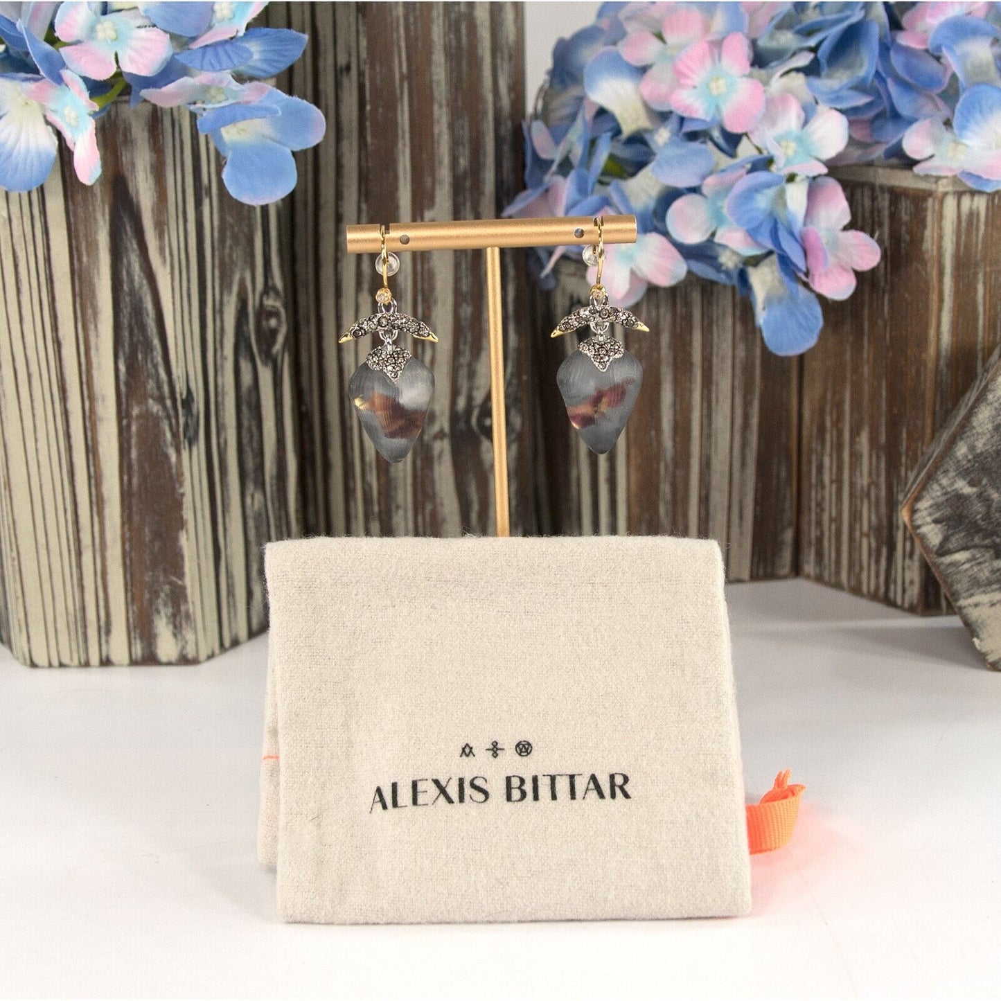 Alexis Bittar Smokey Lilac Lucite Solanales Crystal Gold Drop Earrings NWT