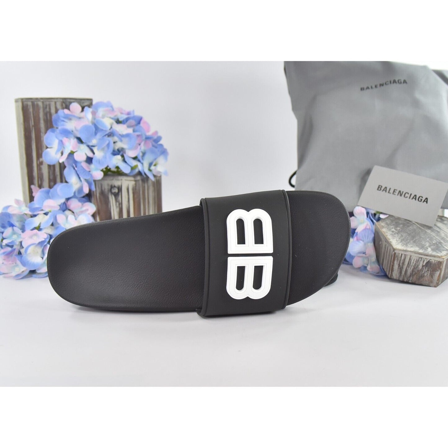 Balenciaga BB Black Rubber Wedge Slide Sandals Size 39 NIB