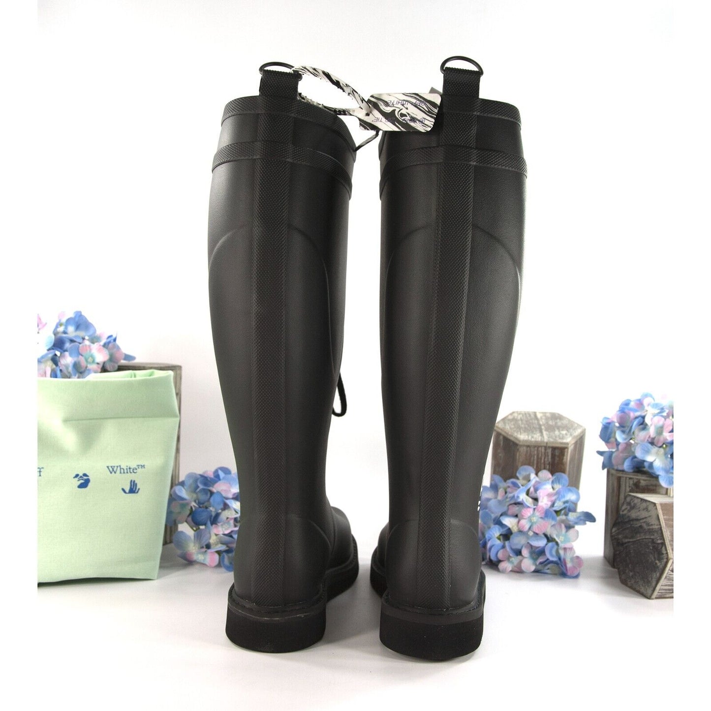 Off-White Black Rubber Leather All Weather Rain Riding Boots 37 NIB