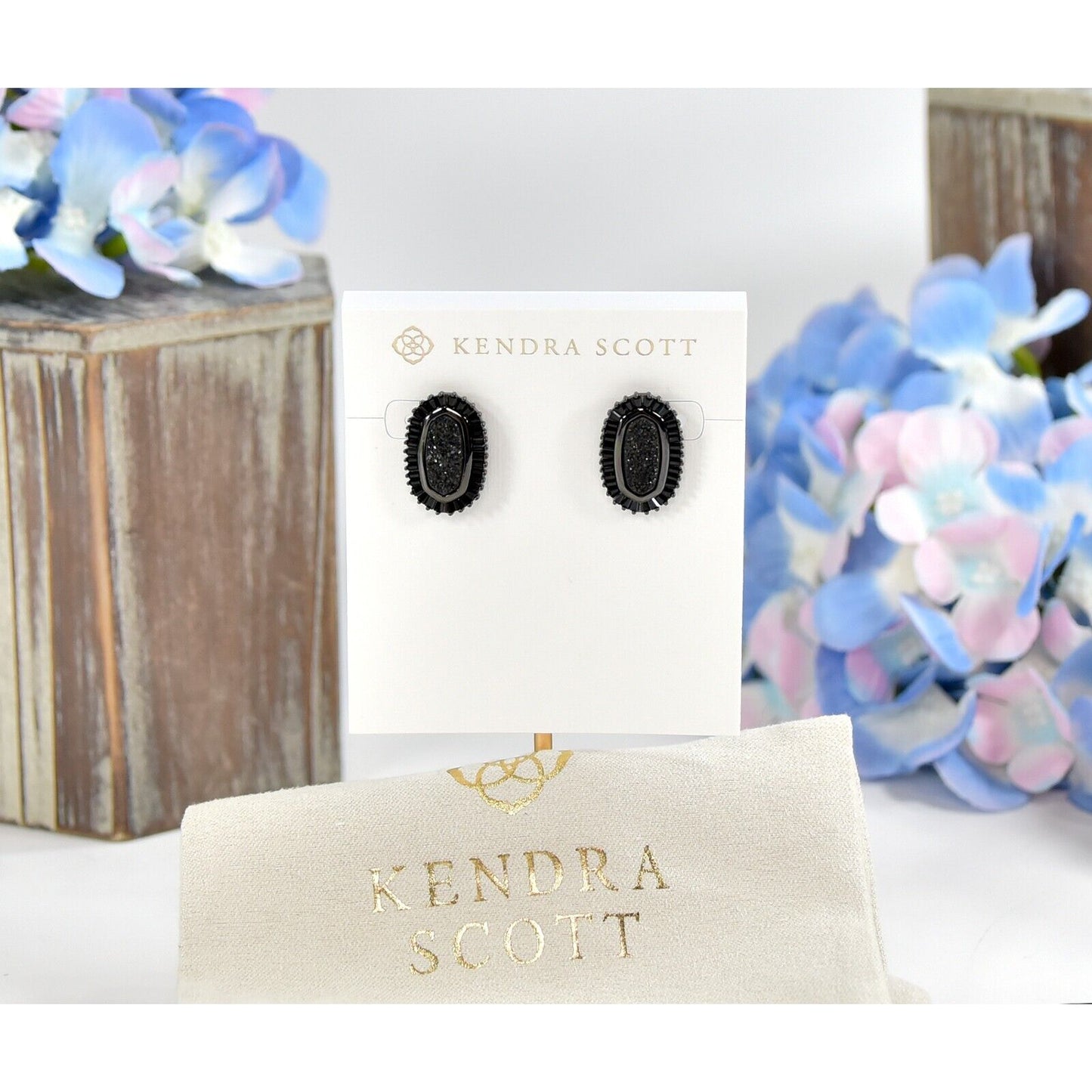 Kendra Scott Black Drusy Ellie Baguette Gunmetal Statement Stud Earrings NWT