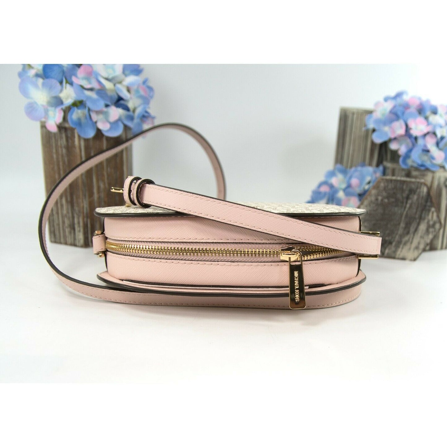 Michael Kors Oval Vanilla Monogram Powder Pink Large Crossbody NWT