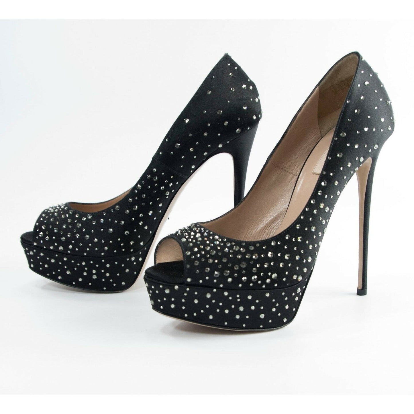 Valentino Black Satin Crystal Peep Toe Platform Runway Heels 39.5 9.5 $1950