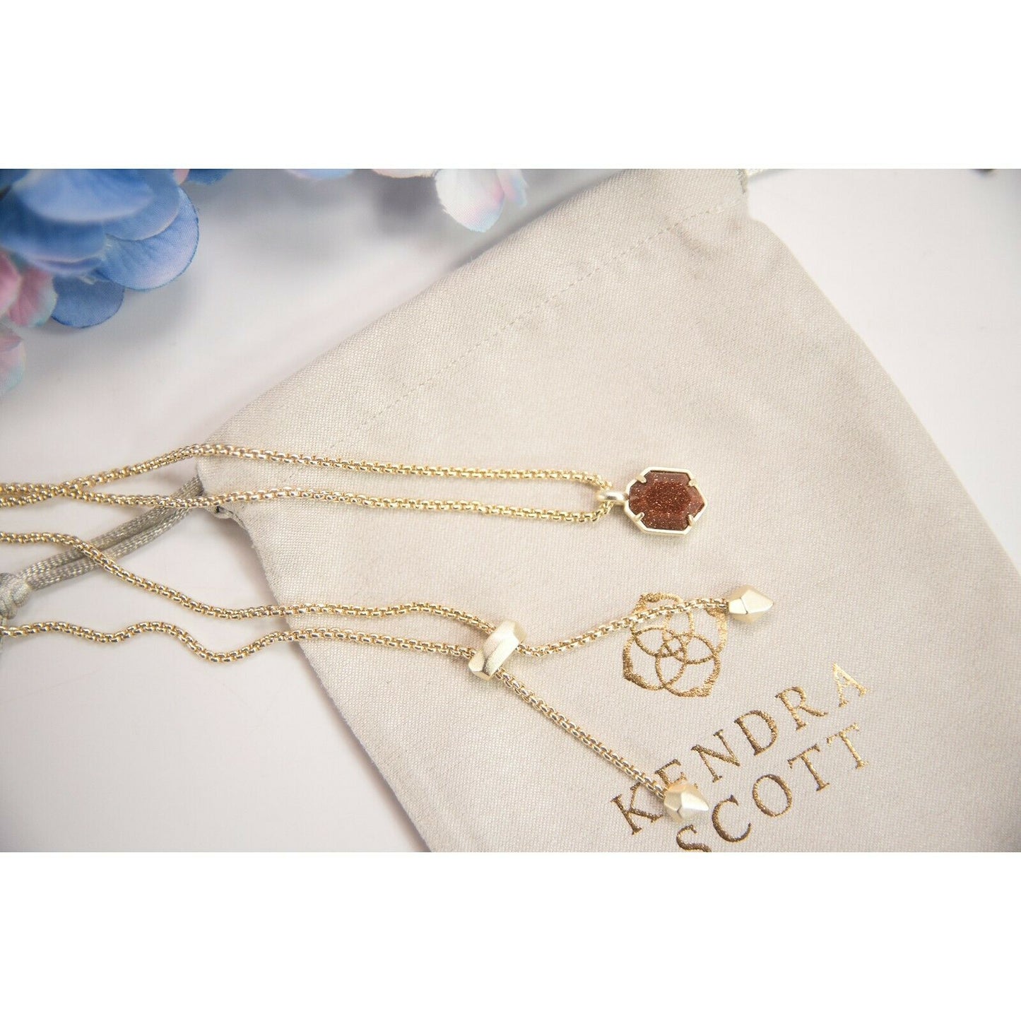Kendra Scott Teo Gold Goldstone Pendant Long Necklace NWT