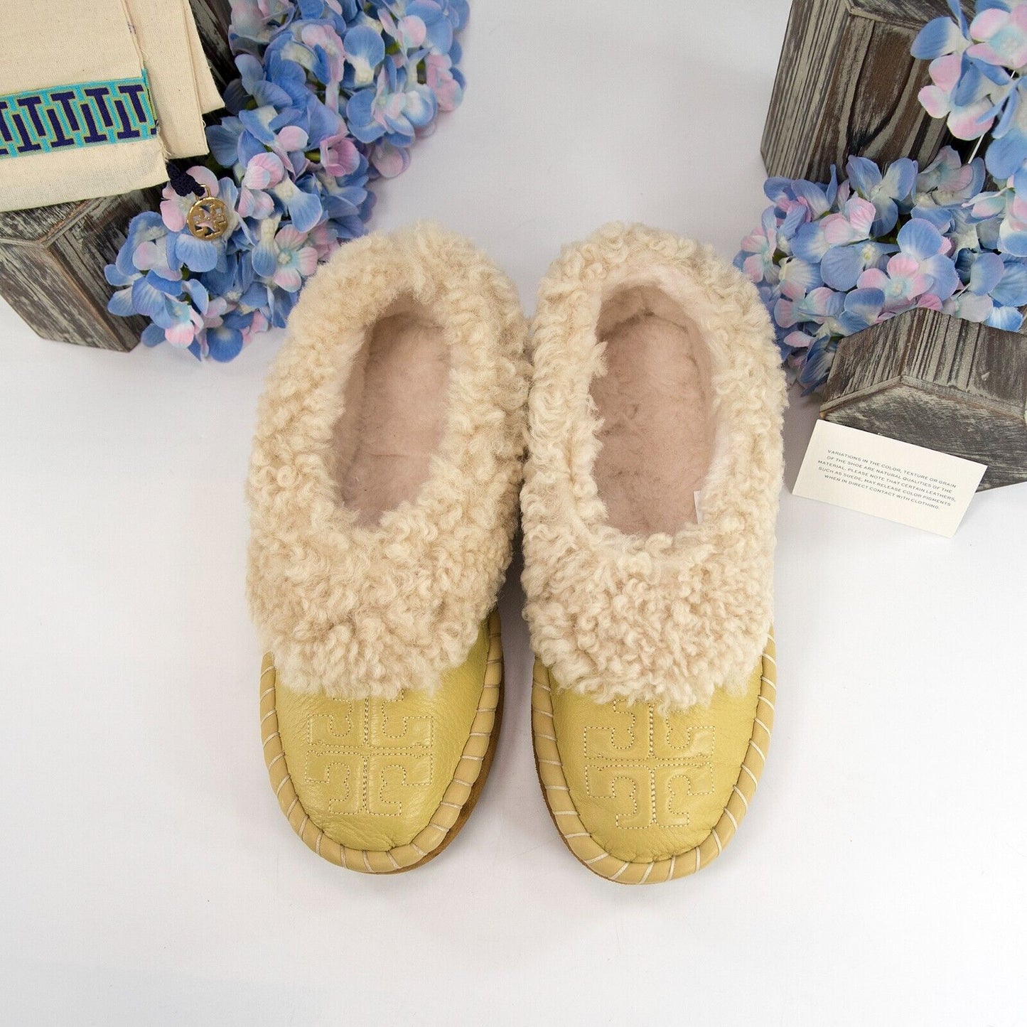 Tory Burch Cornbread Deer Leather Shearling Oversized Slipper Sz 7 NIB