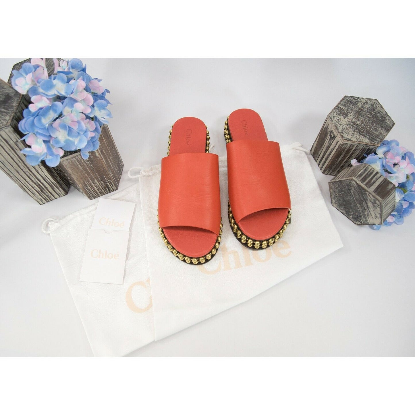 Chloe Orange Leather Bead Chain Flat Mules Slides Sz 37 NIB