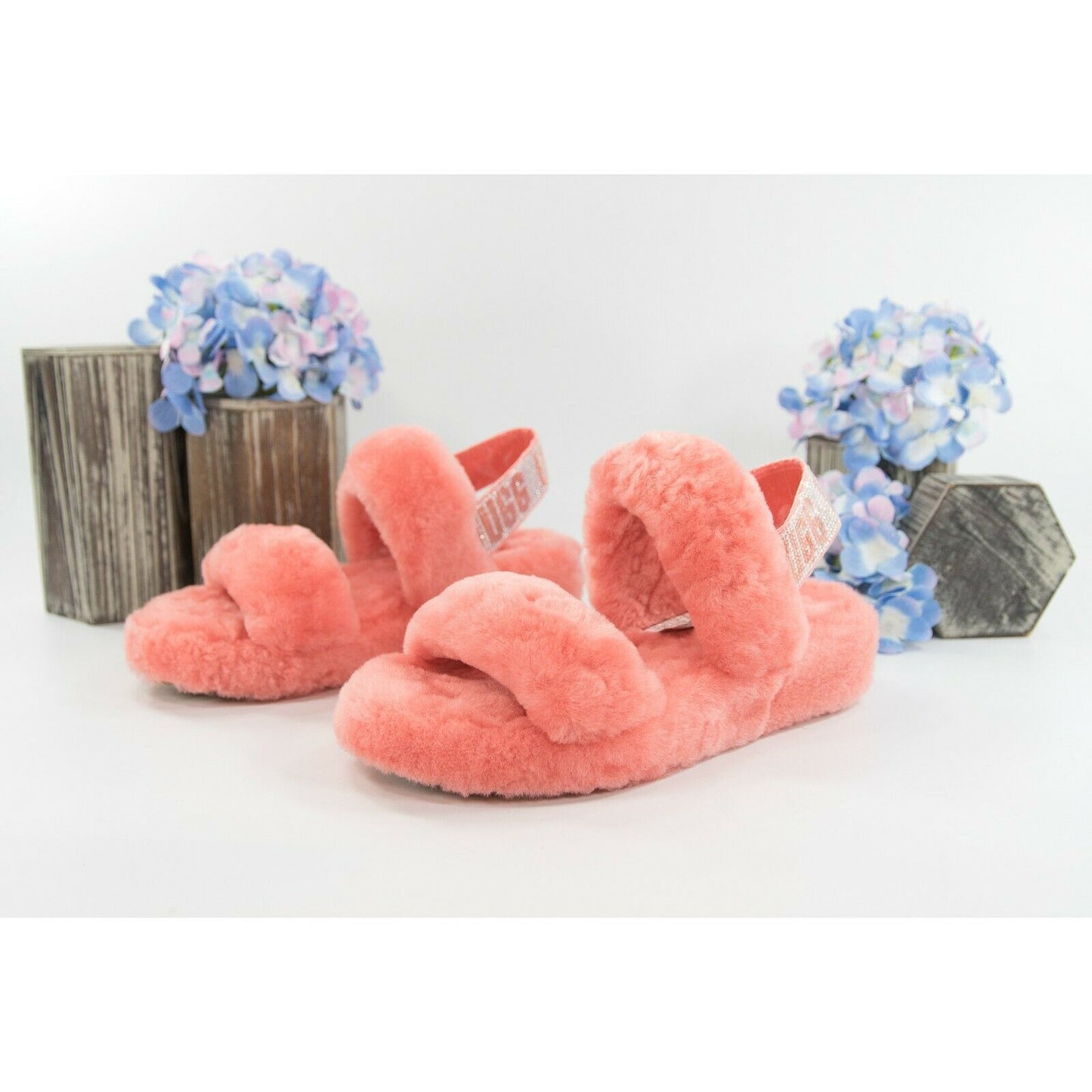 UGG Fluff Oh Yea Coral Bling Sheepskin Fur Slippers Slides Sandals Sz 6 NIB