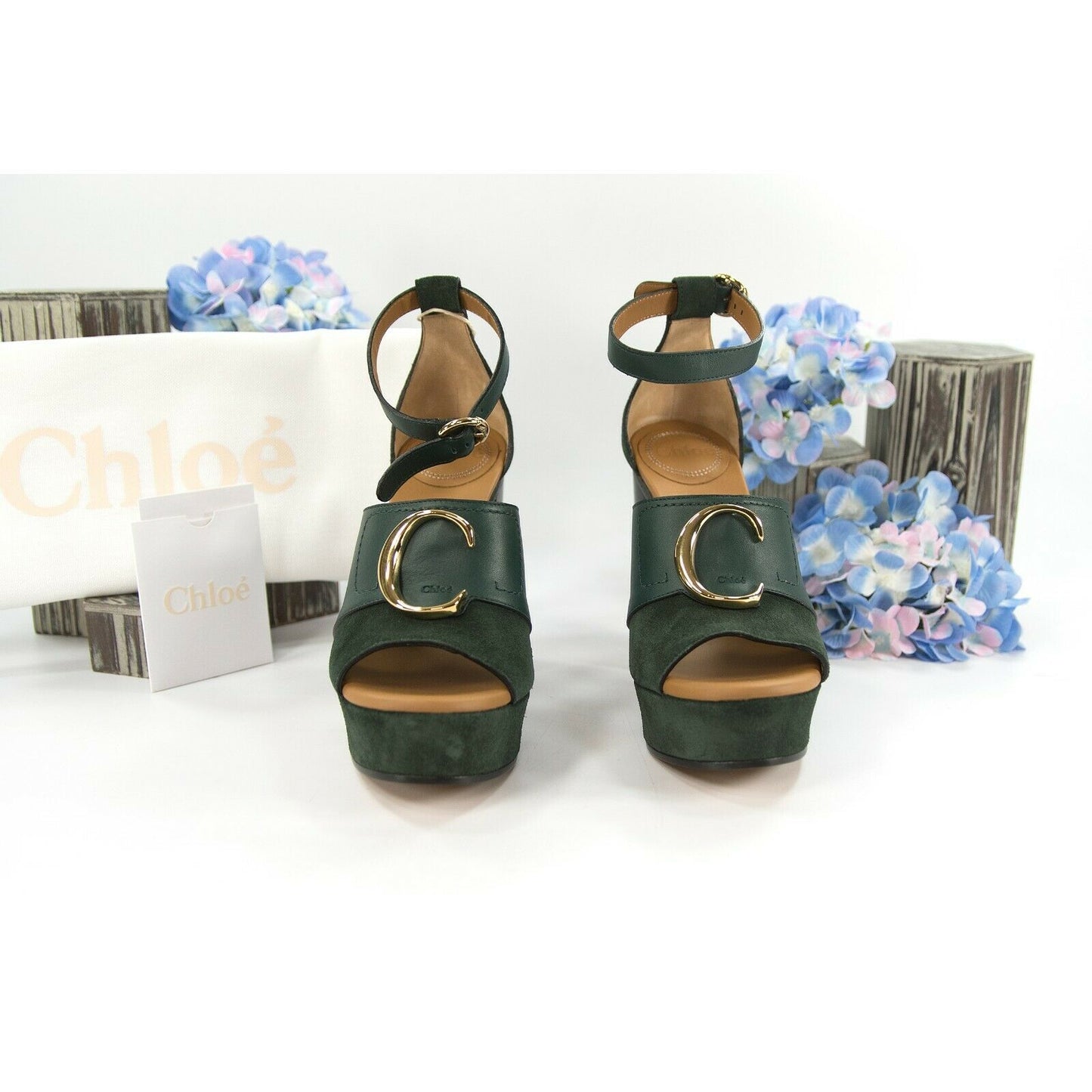 Chloe British Green Suede Leather C Logo Platform Sandal Heels 36 NIB