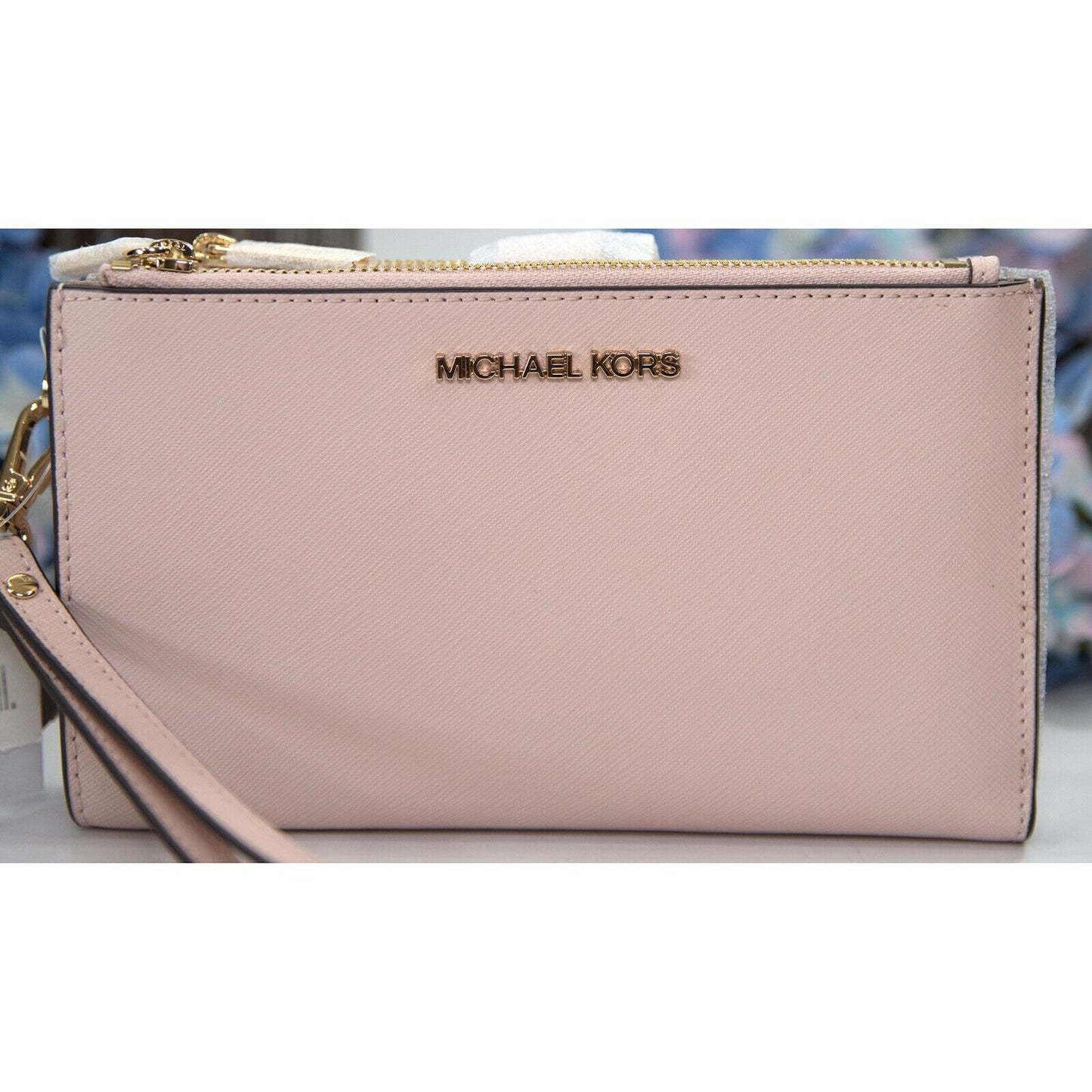 Michael Kors Jet Set Powder Blush Leather Double Zip Phone Wallet Wristlet NWT