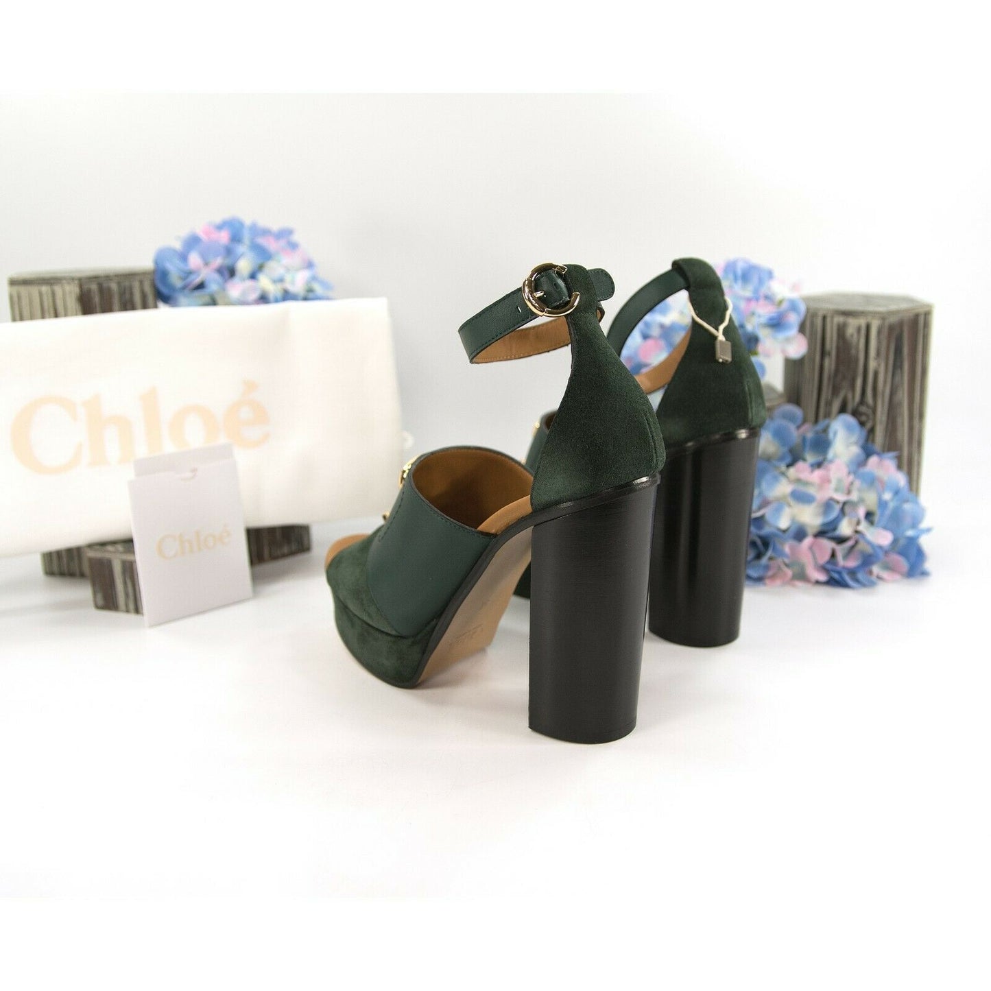 Chloe British Green Suede Leather C Logo Platform Sandal Heels 36 NIB
