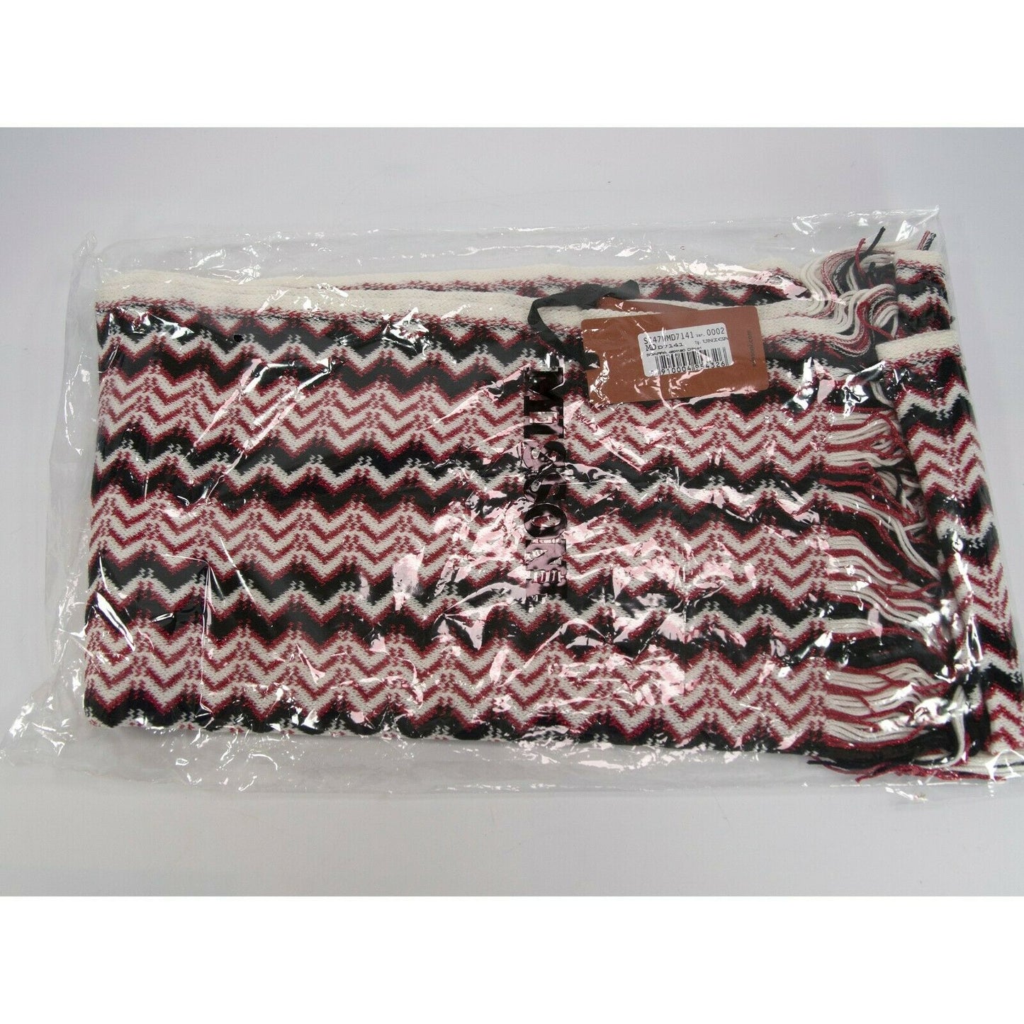 Missoni Metallic Red Black Wool Blend Zig Zag Orange Label Fringe Scarf NWT