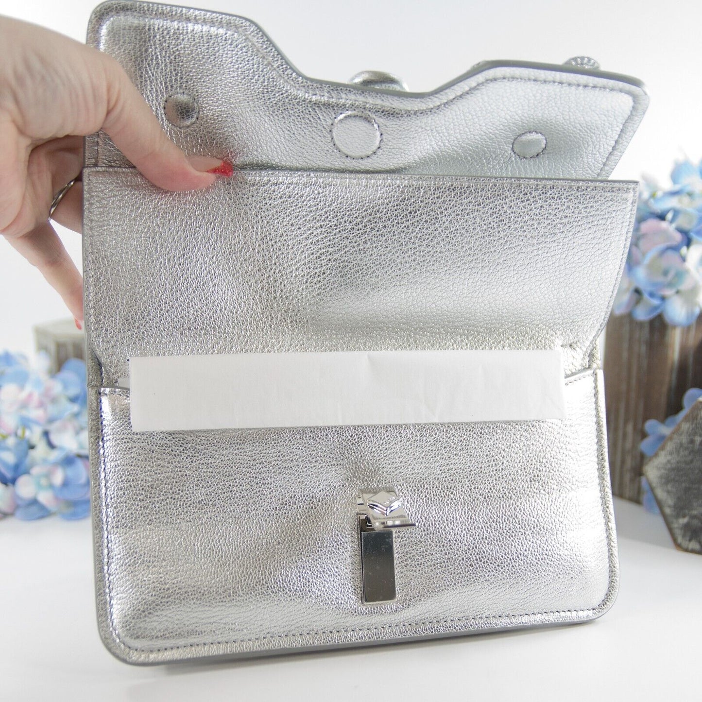 MCM Silver Leather Run Candy Small Crystal Flower Small Flap Shoulder Bag NWT