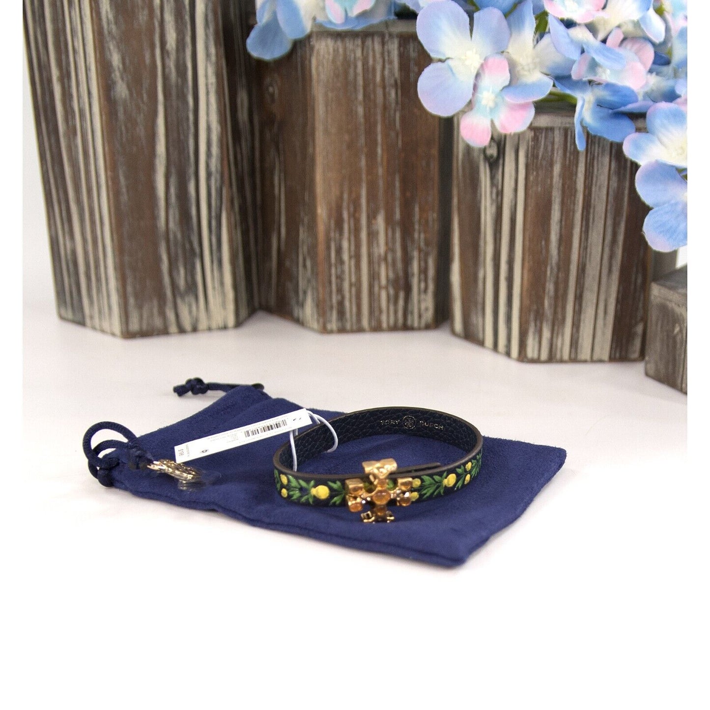 Tory Burch Roxanne Jeweled Floral Painted Leather Wrap Bracelet NWT