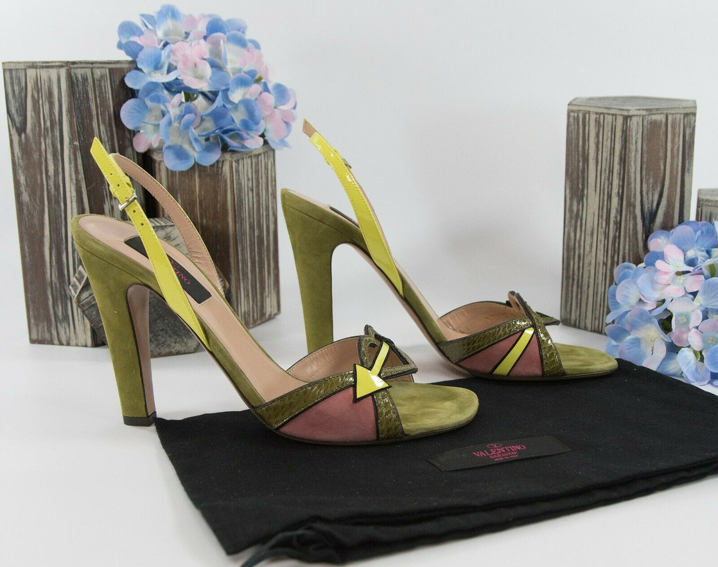 Valentino Limited Edition Cupid Heart Army Green Suede Python Heels 37 7 NIB