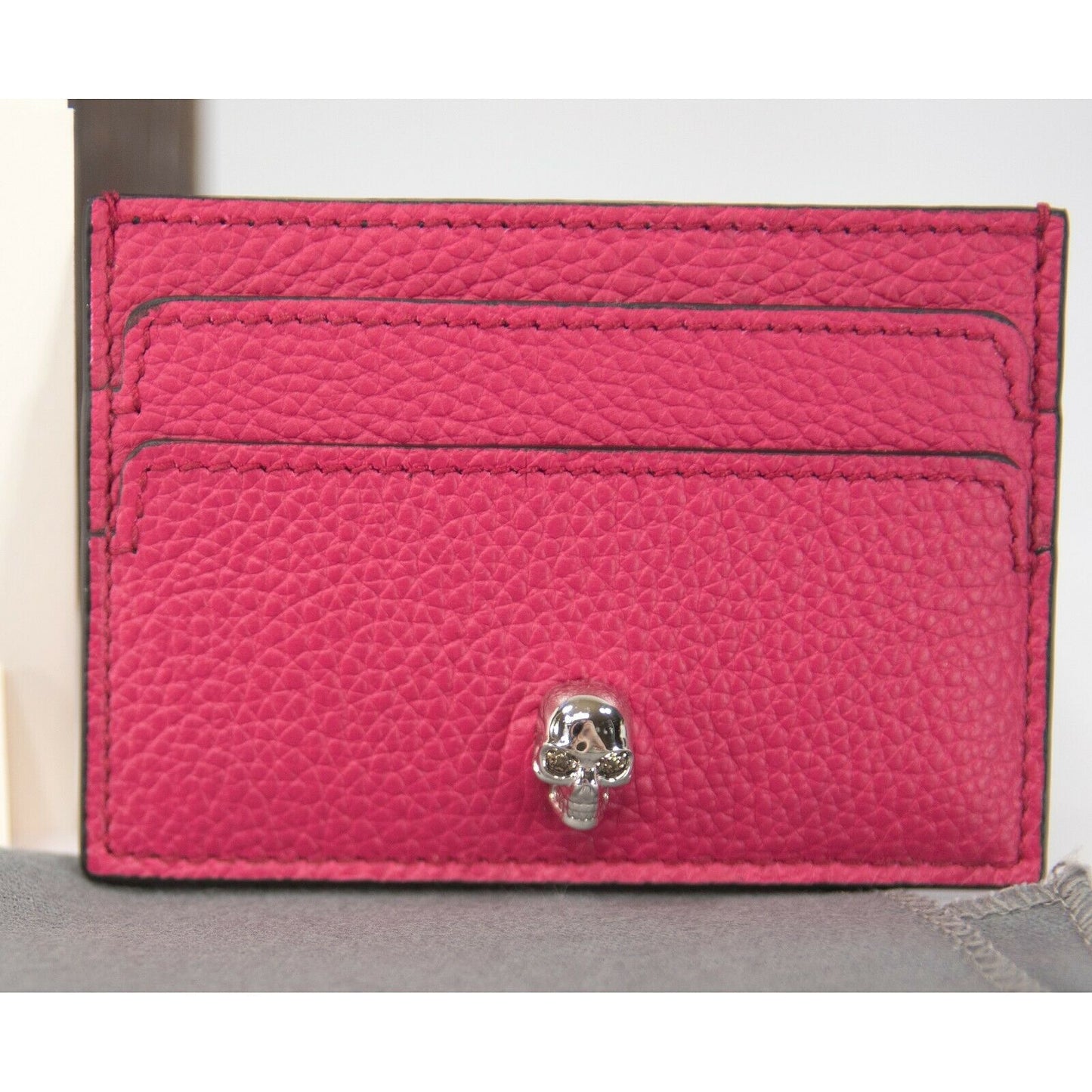 Alexander McQueen Silver Skull Crystal Orchid Pink Leather Card Case Holder NWT