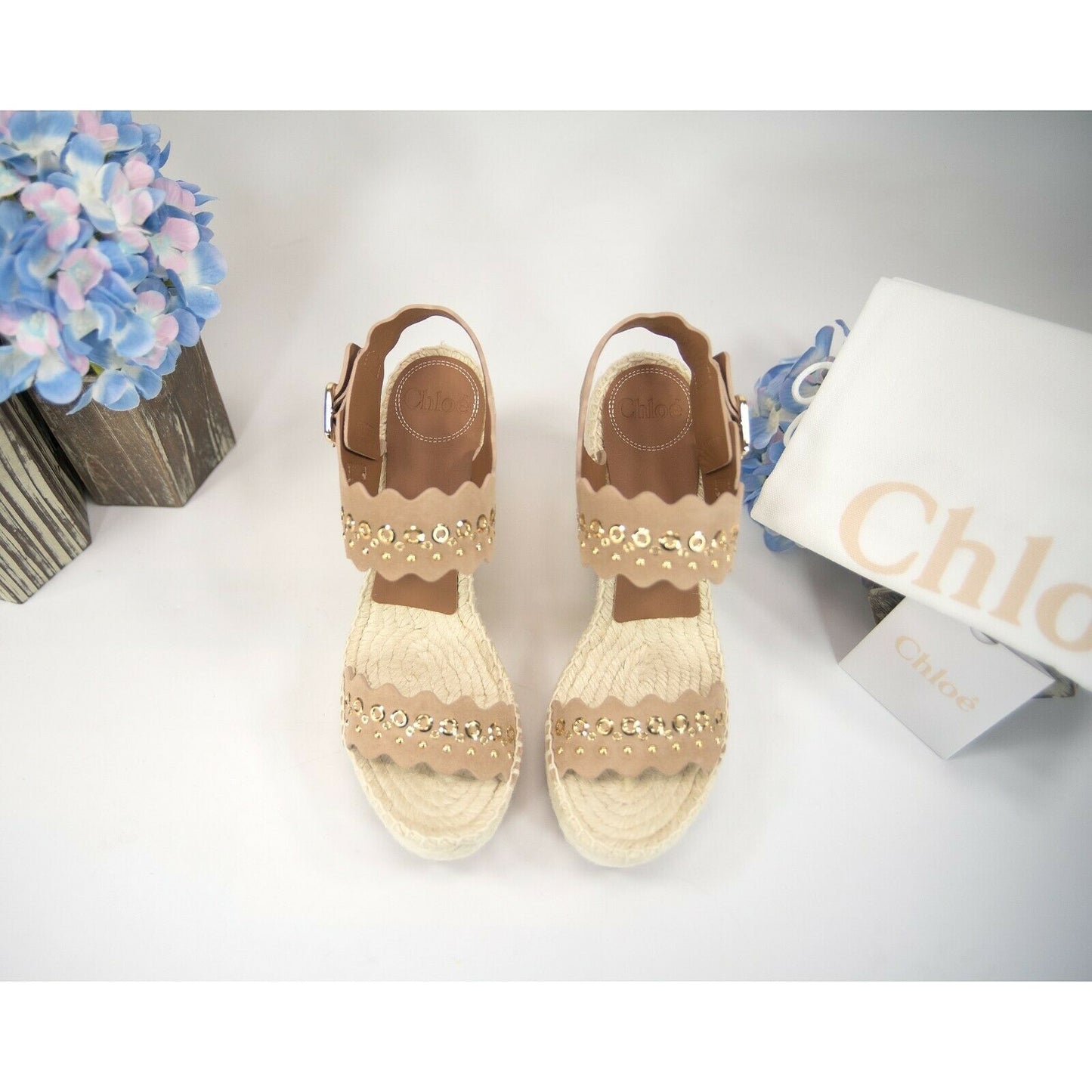 Chloe Lauren Studded Grommet Suede Espadrille Wedge Heels Sandals Size 37 NIB