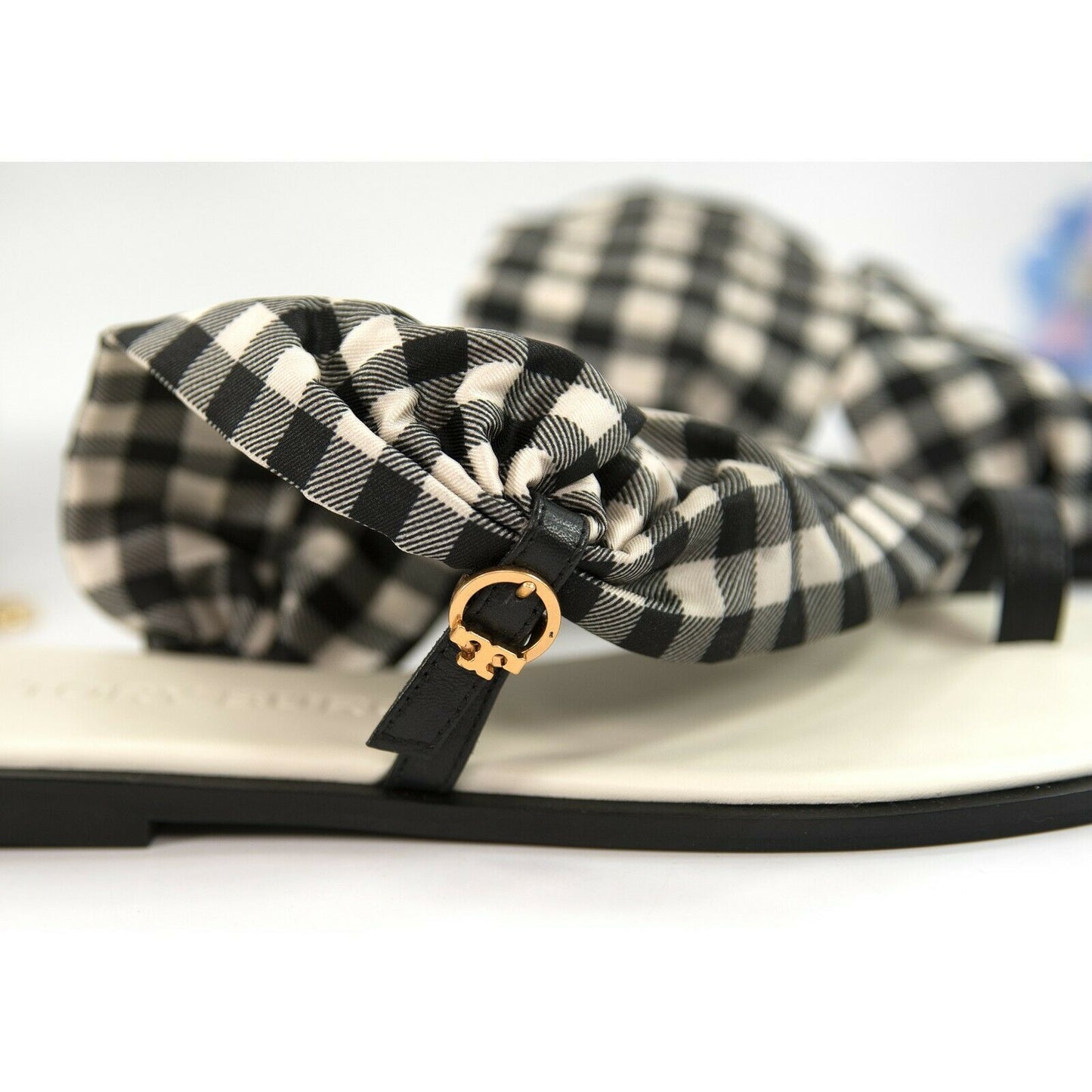 Tory Burch Black New Ivory Gingham Twill Leather Selby Scarf Sandals Size 8 NIB