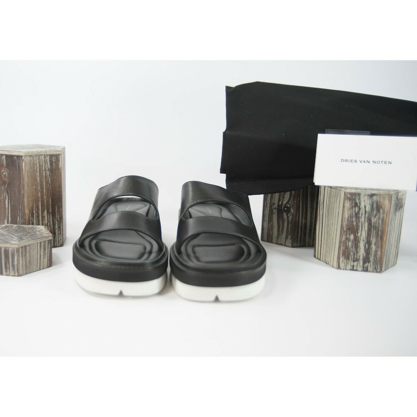 Dries Van Norten Black Calf Leather Cut Out Lug Sole Sandals Size 39.5 9.5 NIB
