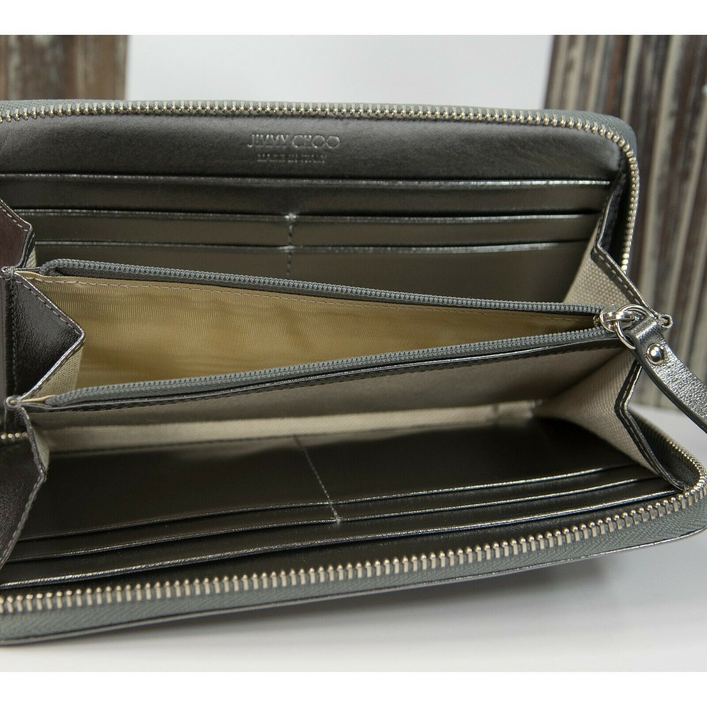Jimmy Choo Gunmetal Metallic Leather Large Zip Around Continental Wallet NWT