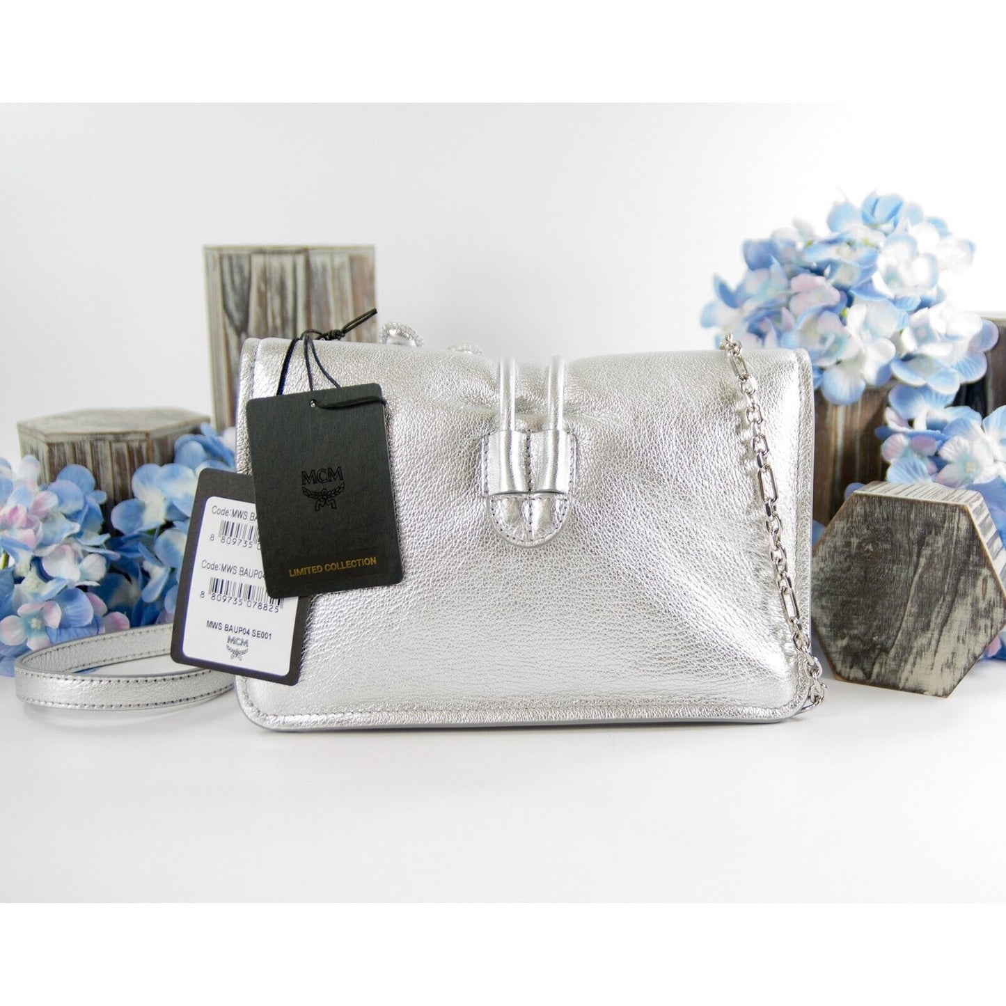 MCM Silver Leather Run Candy Small Crystal Flower Small Flap Shoulder Bag NWT