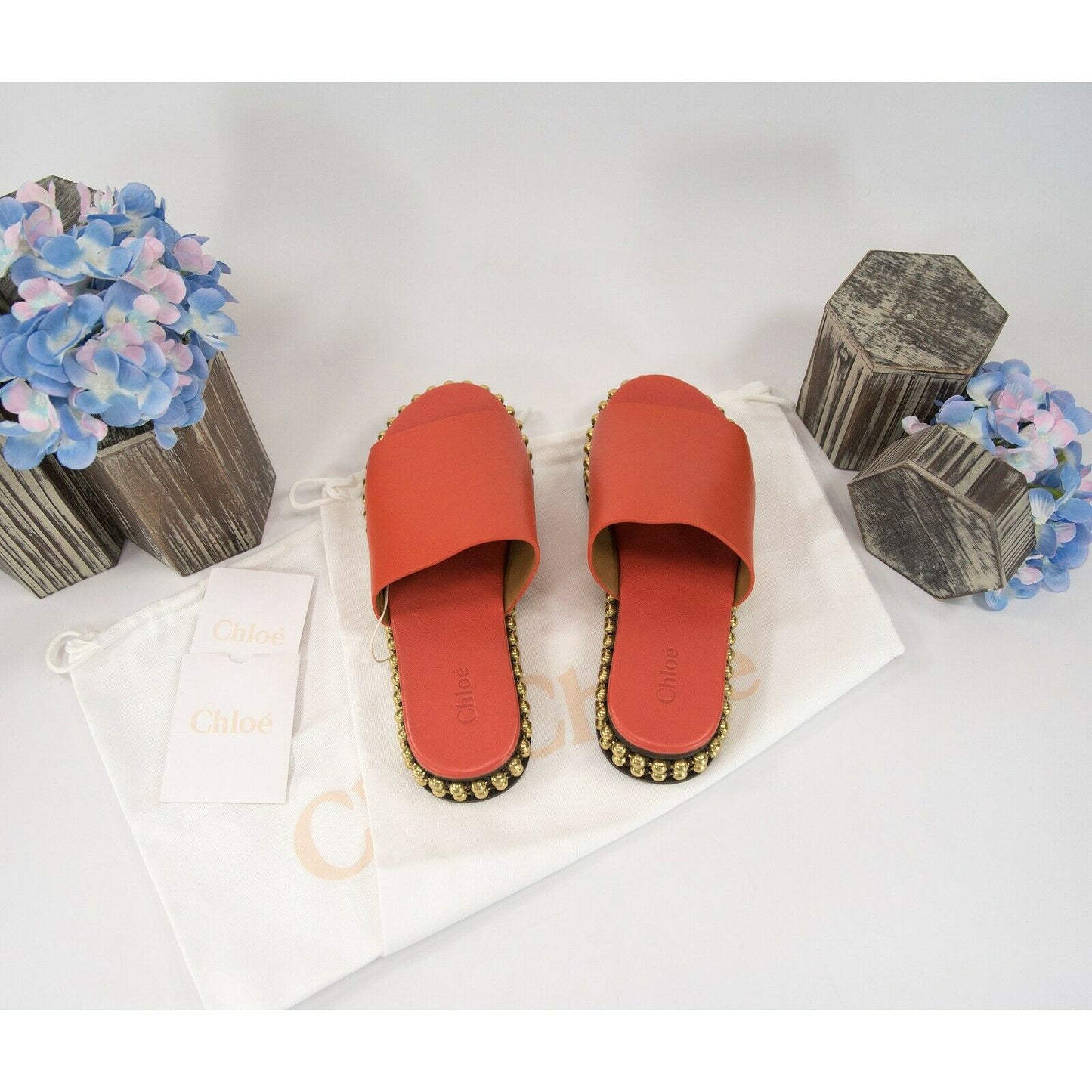 Chloe Orange Leather Bead Chain Flat Mules Slides Sz 37 NIB