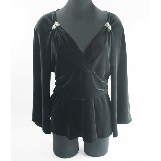 JS Boutique Black Velvet Crystal Jewel Bell Sleeve Evening Formal Blouse L NWOT