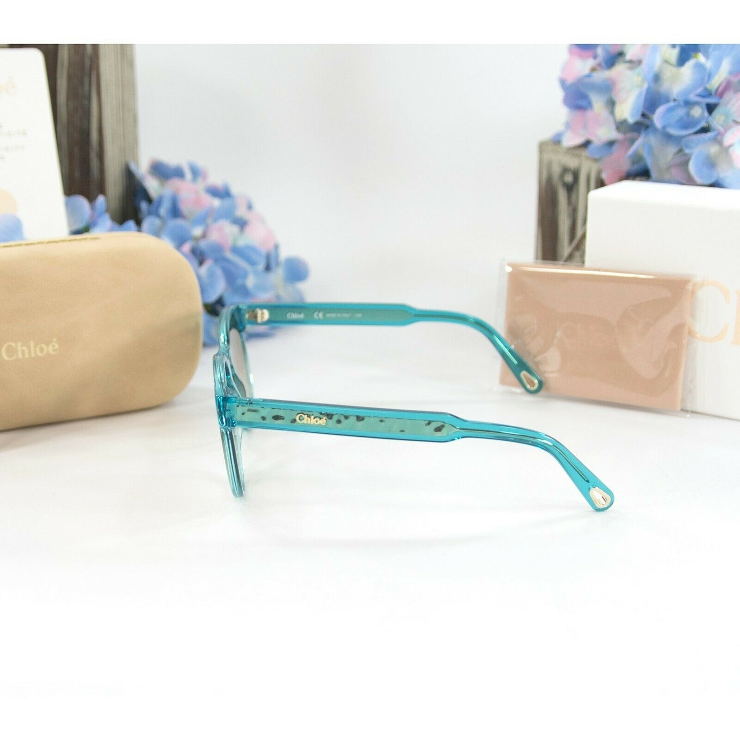 Chloe CE753S Aqua Gold Gradient Acrylic Metal Logo Sunglasses NWT Case