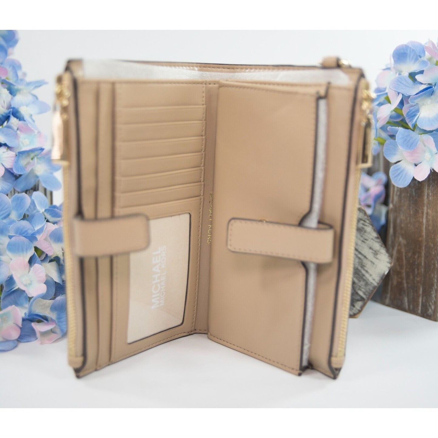 Michael Kors Jet Vanilla Monogram Camel Zebra Double Zip Phone Wallet NWT
