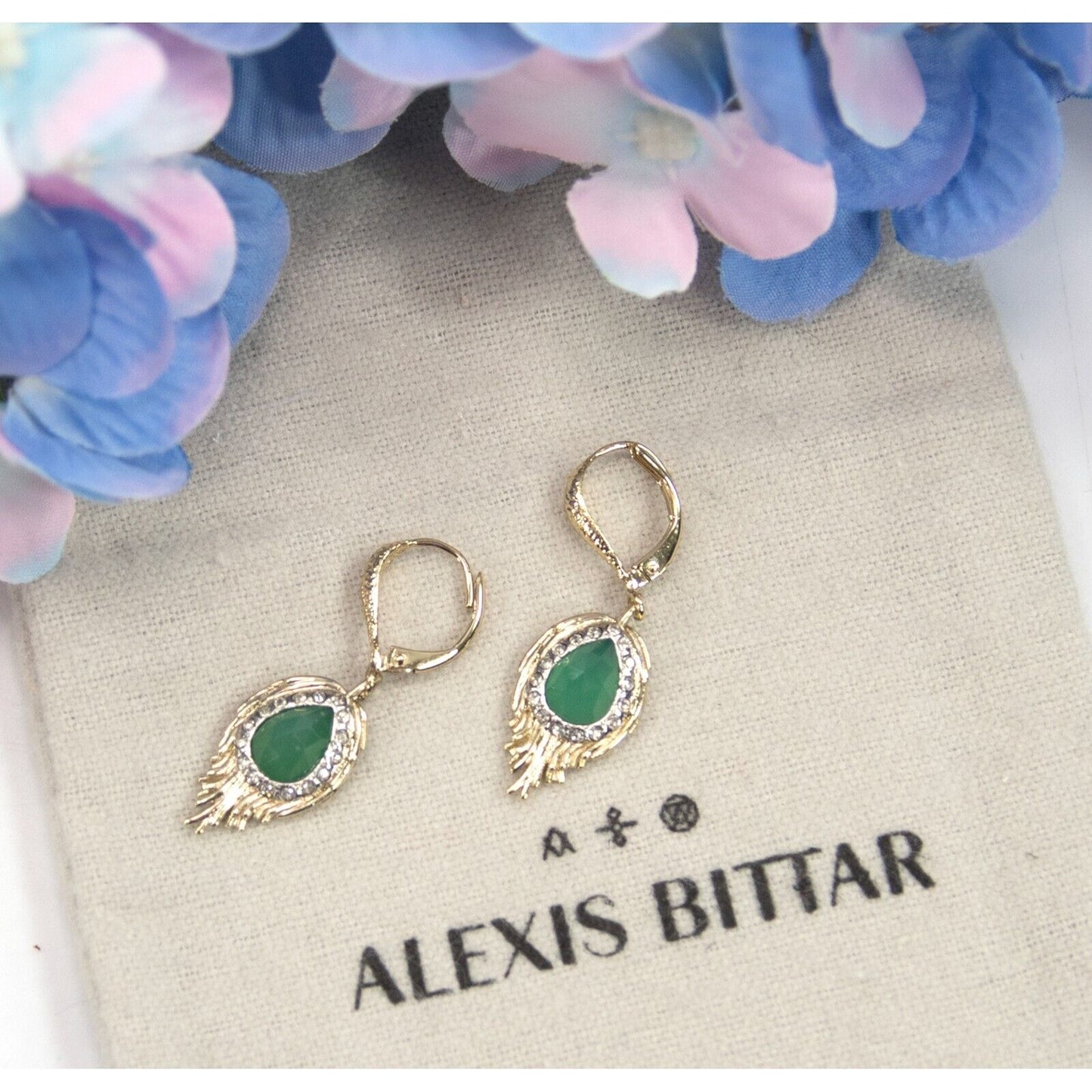 Alexis Bittar Feather Green Chalcedony Crystal Gold Drop Earrings NWT