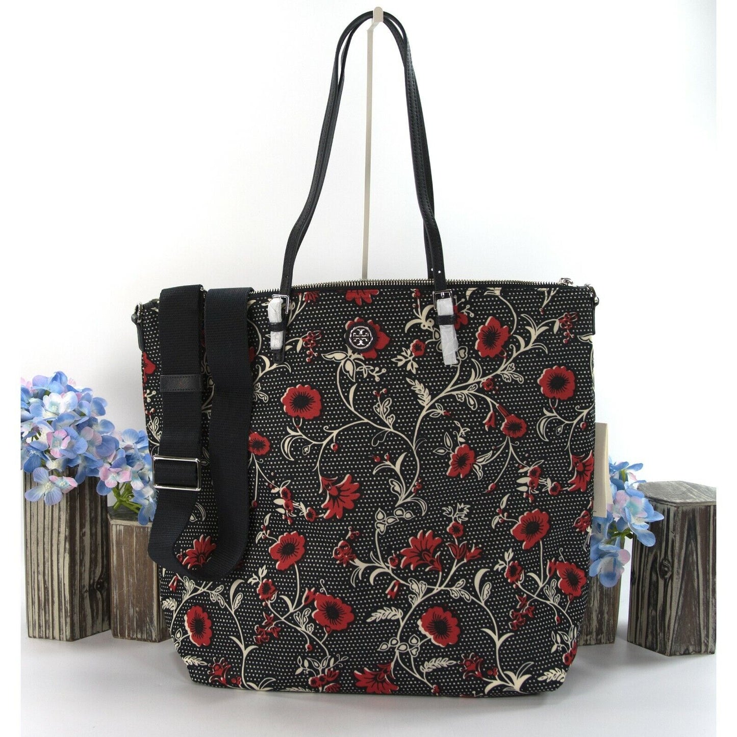 Tory Burch Virginia Red Retro Floral Block Print Nylon Leather Zip Tote Bag NWT